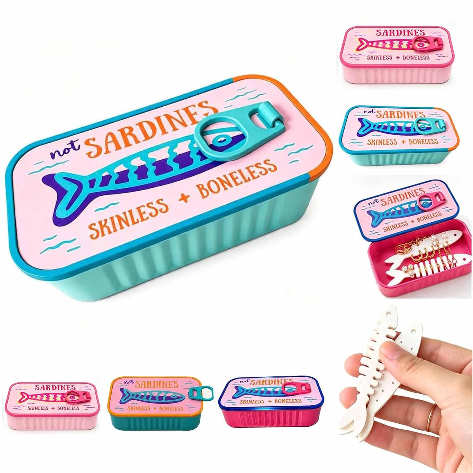 Sardines Jewelry Box Organizer with Fish-Shaped Holders for Rings, Sardine Tin Jewelry Box, Earrings and Charms, Portable Earring Organizer, Whimsical Ocean Gift (Style B)