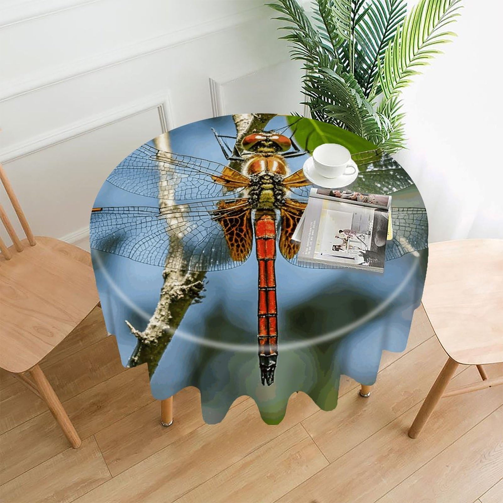 LZQPOEAS Dragonfly is Red Tablecloth Decorative Round Table Cloth Wrinkle Resistant Round Tablecloth Washable Circle Table Cover for Kitchen Dining Party Wedding Camping 60 Inch