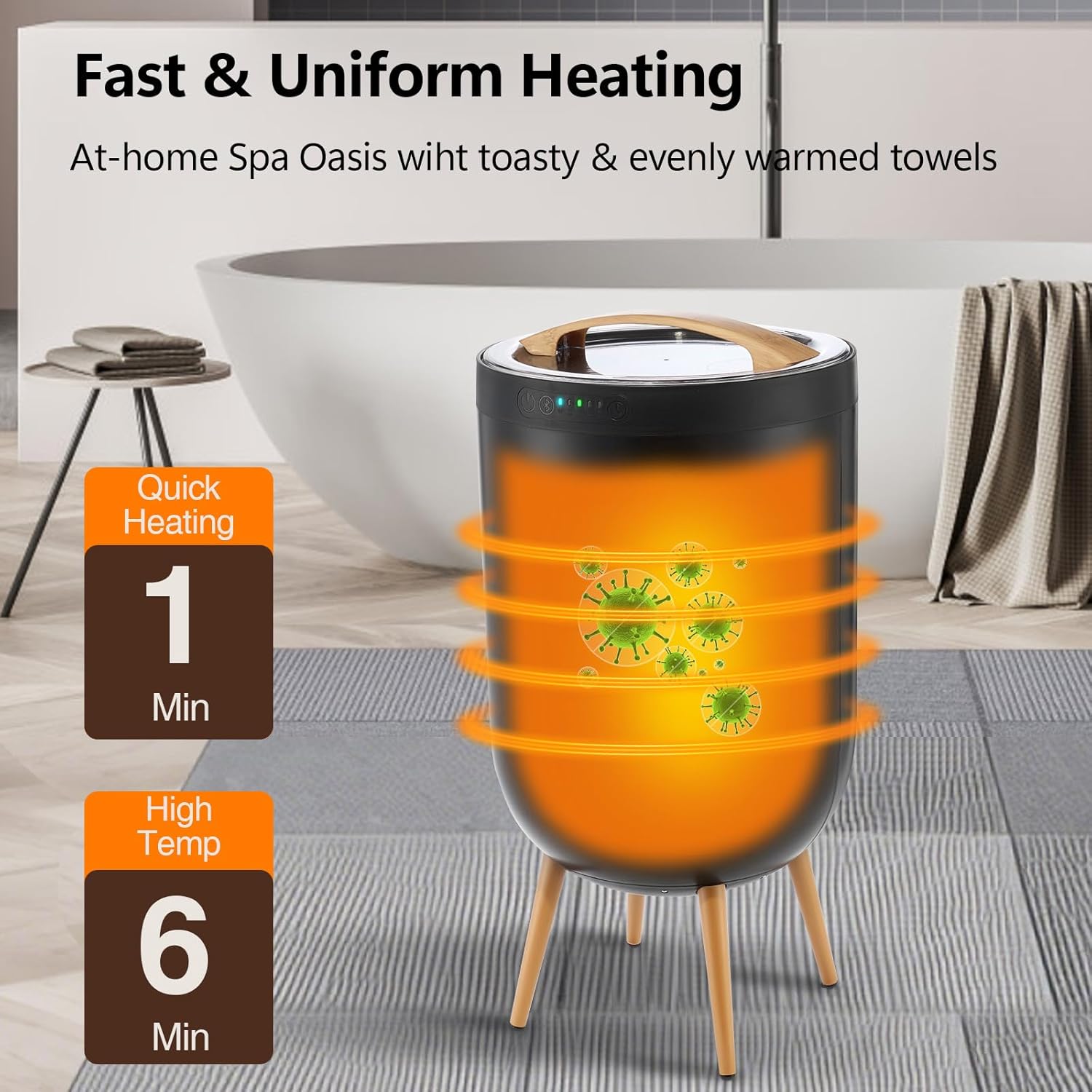 Towel Warmer, 25L Towel Warmer Bucket for Bathroom - Bluetooth Speaker Ambient Light, Adjustable Timer, Auto Shut-Off, Fits Up to Two Large 40x70 Towels, Blanket Robes Pjs, Ideal Gift - Black