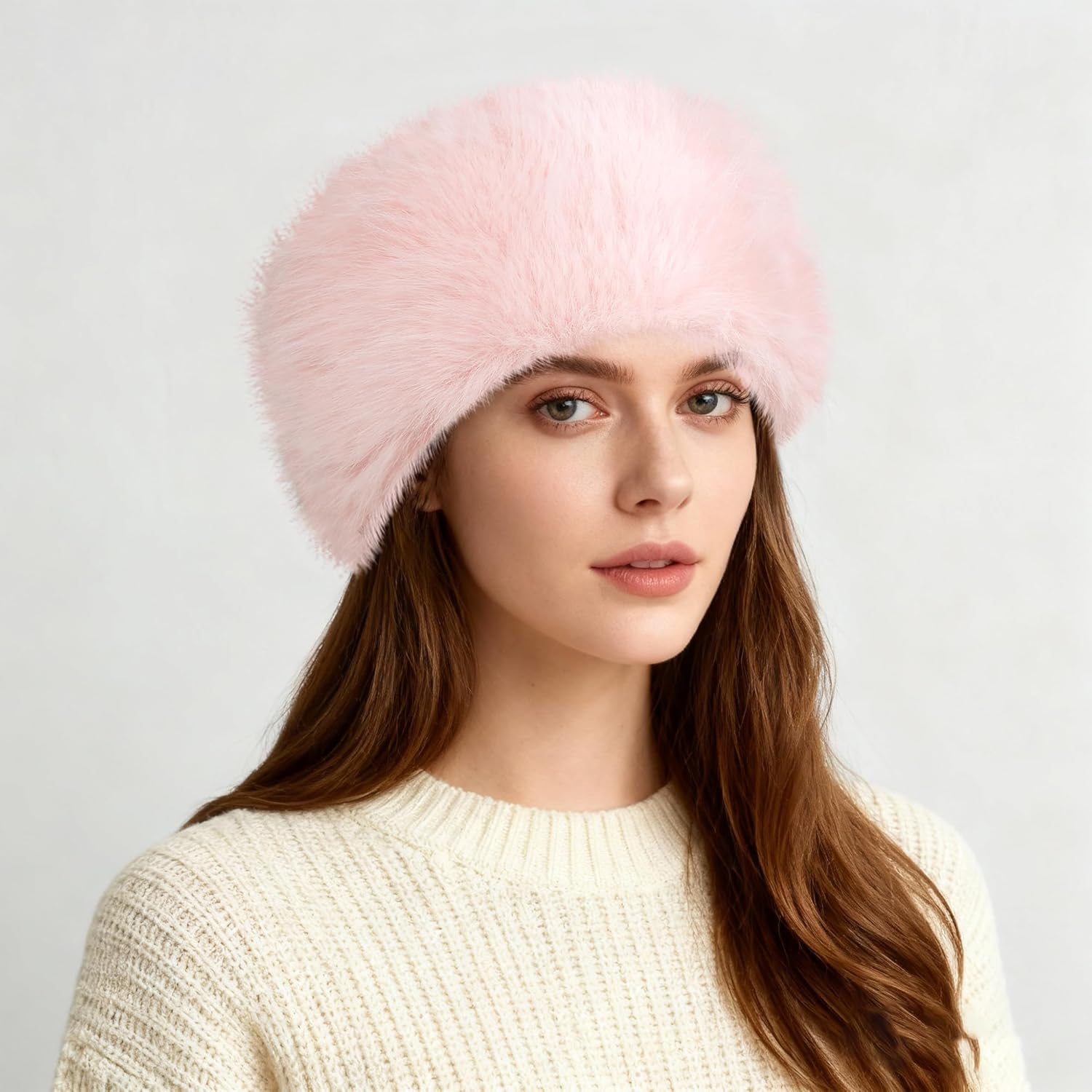 HH HOFNEN Faux Fur Headband for Women Winter Fur Hat with Stretch Ear Warmer Earmuff Pink - Image 2