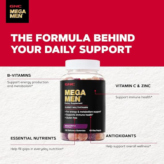 GNC Mega Men Multivitamin Gummy for Men - Energy, Metabolism, Immune Support, Mixed Berry, 120 Count
