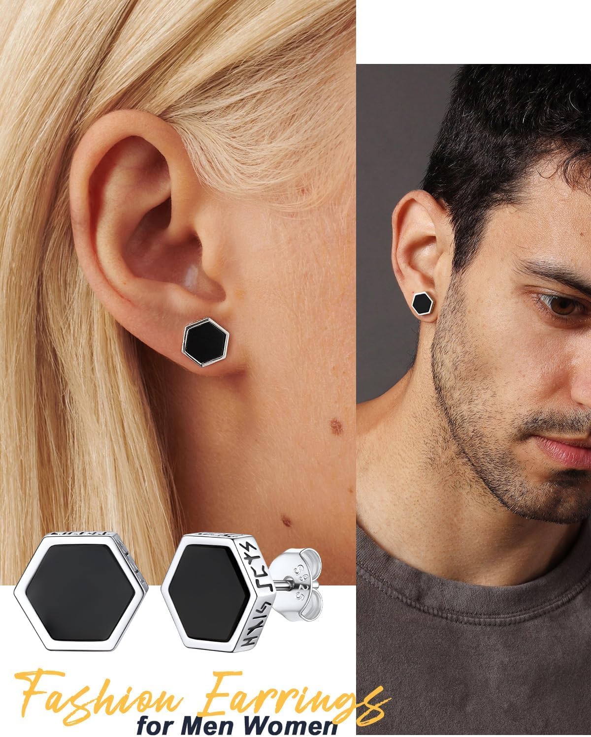 U7 925 Sterling Silver Black Onyx Stud Earrings with Viking Rune Cubic Zirconia Earrings for Men Women