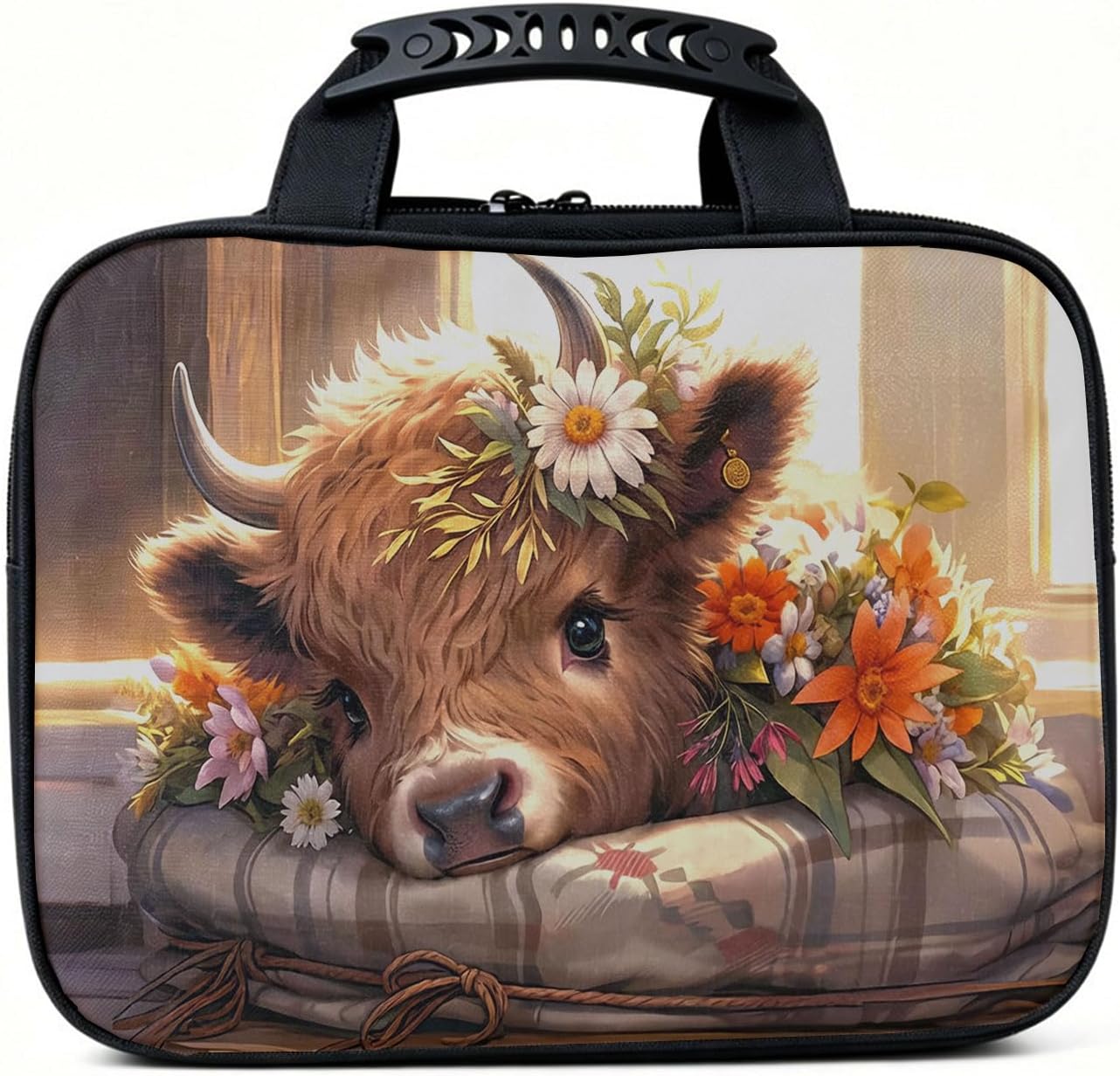 Rustic Floral Highland Cow Lunch Box Bag