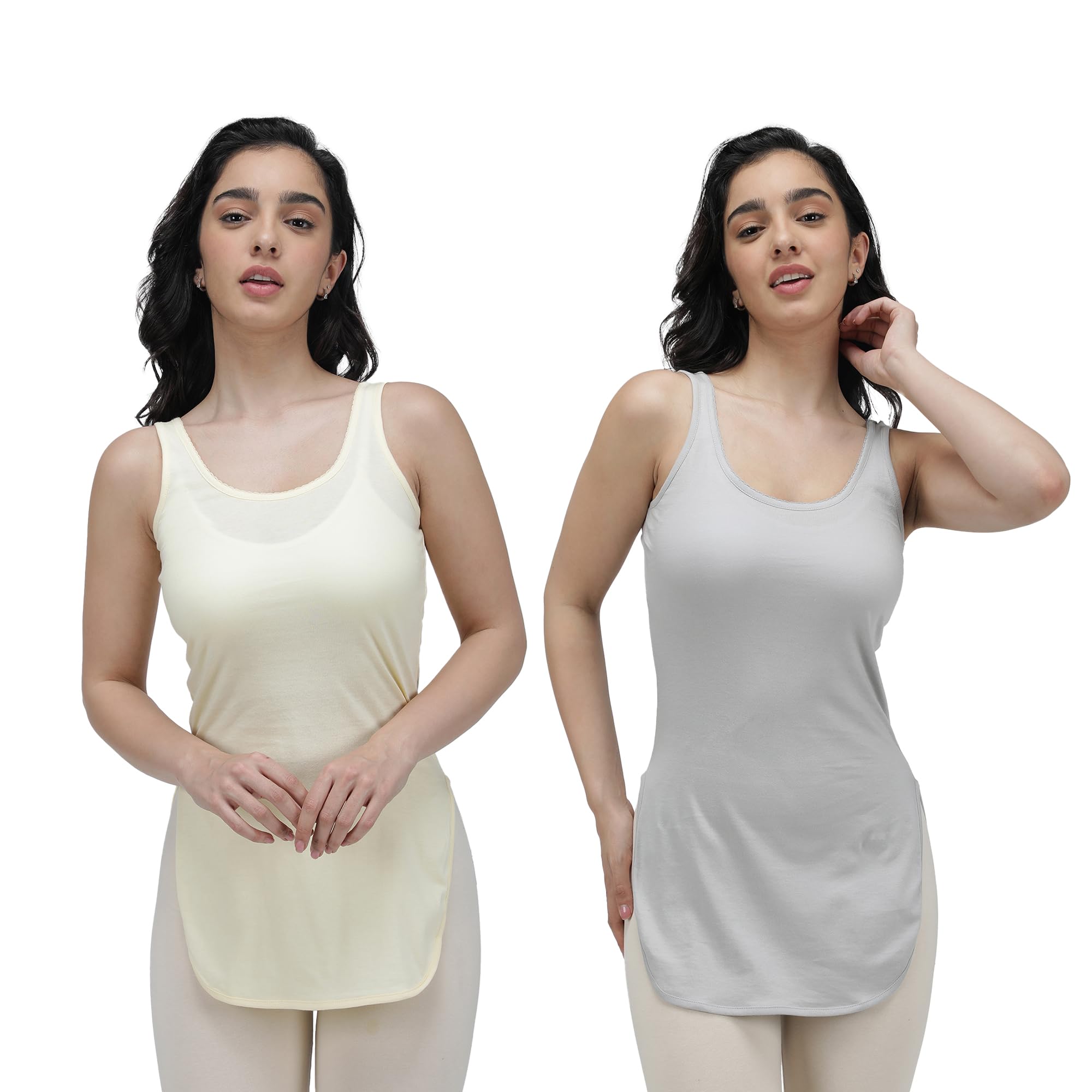 amul comfy Pack of 2 Light Assorted Sleeveless Solid Cotton Long Slips for Women | Colour May Vary | Assorted Colours-picture-30