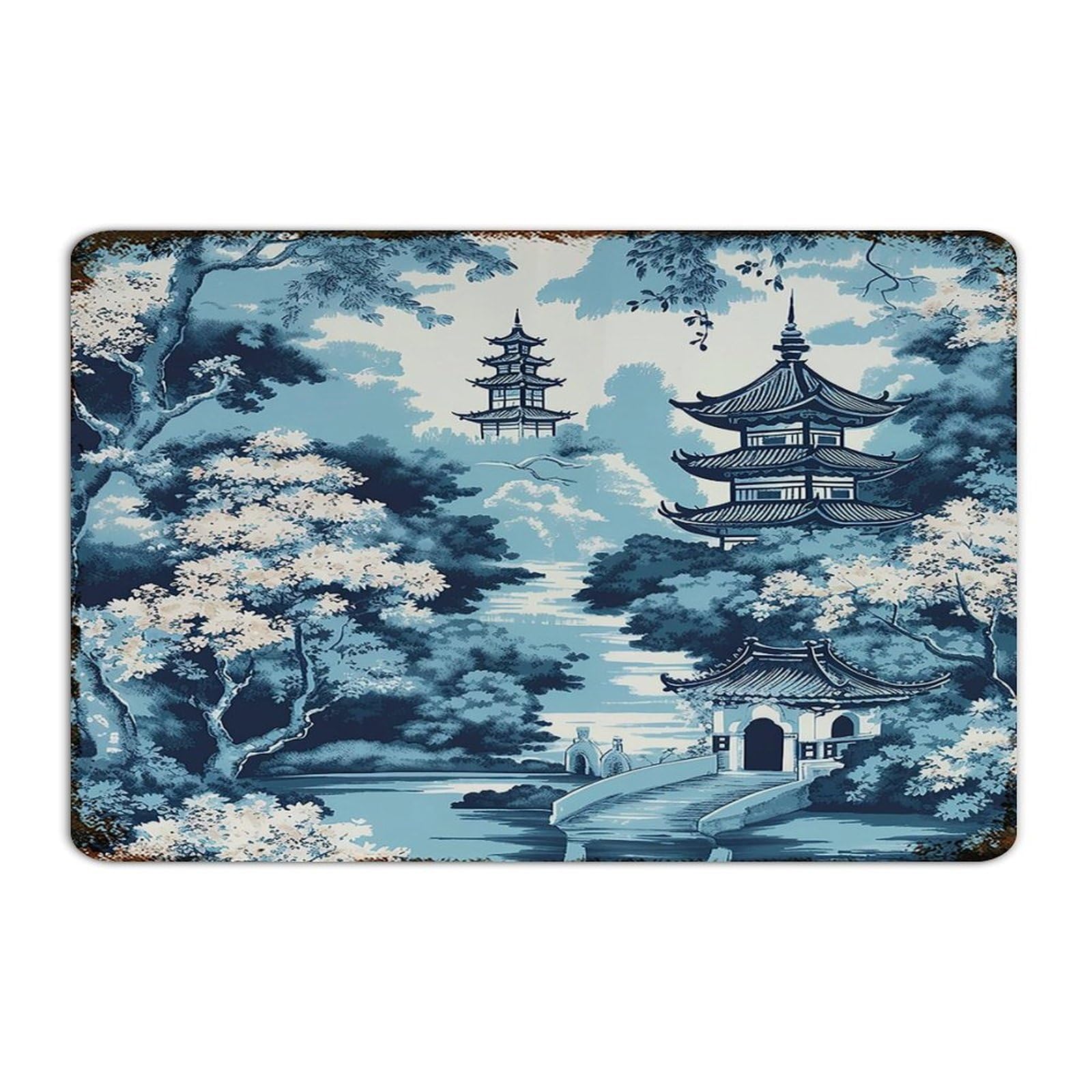 Plaque en métal de pagode asiatique bleue et blanche pour déco extérieure 30x45cm