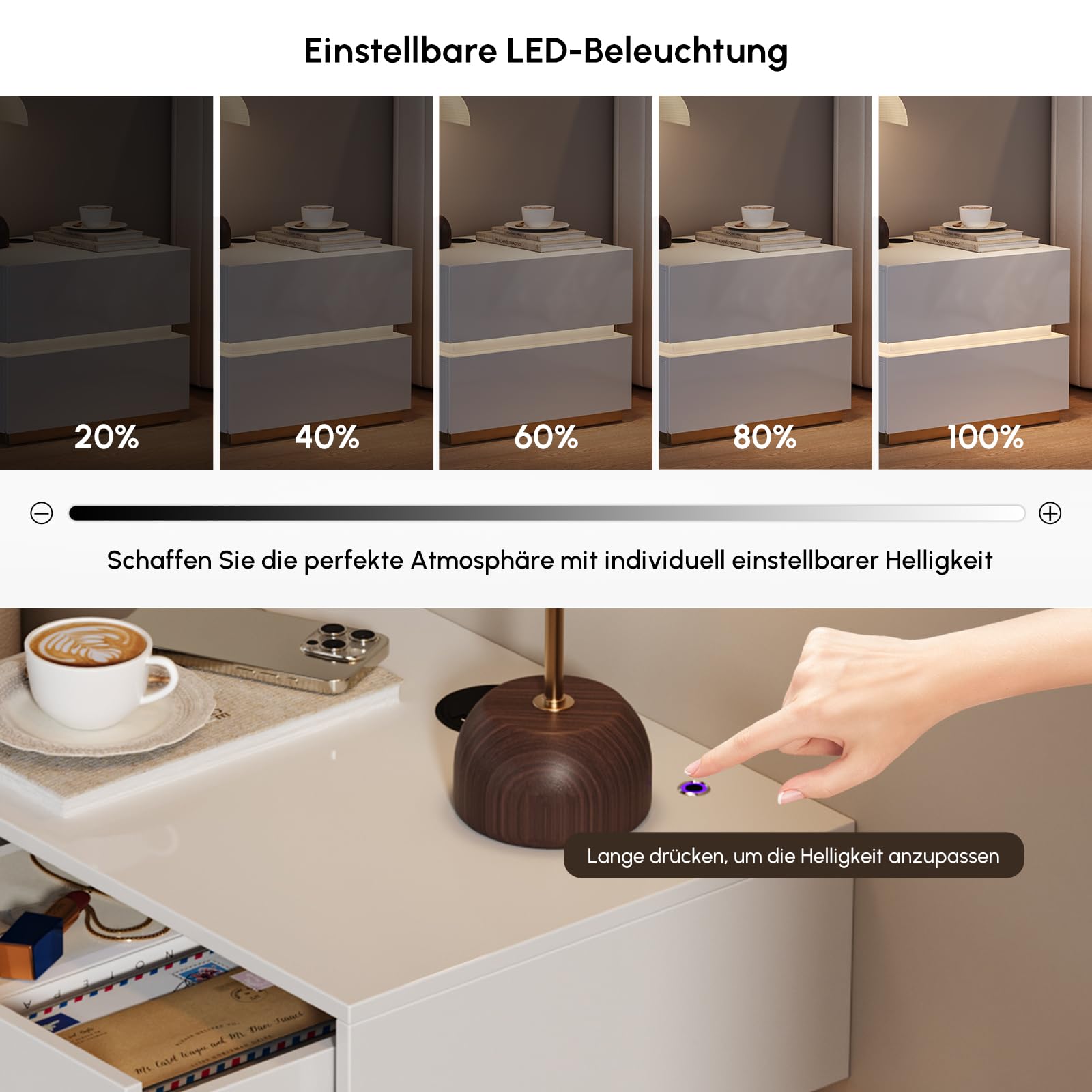 Homary LED Smart Nachttisch mit kabelloser Ladestation, Nachttisch mit Schubladen & USB-Anschlüssen, Modernes Nachtkästchen mit LED-Beleuchtung für Schlafzimmer (Led Weiß 2 Schubladen)