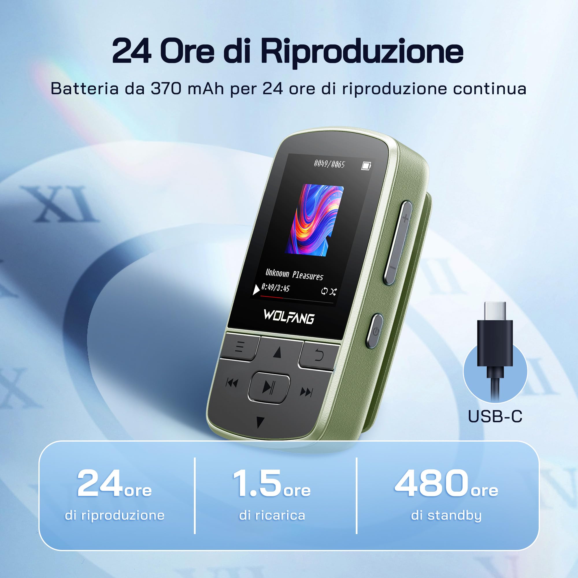 WOLFANG Lettore MP3 con Bluetooth 5.2, clip sportiva, formato mini, peso 28,3 g, HiF, registratore vocale, auricolari inclusi, Verde Militare