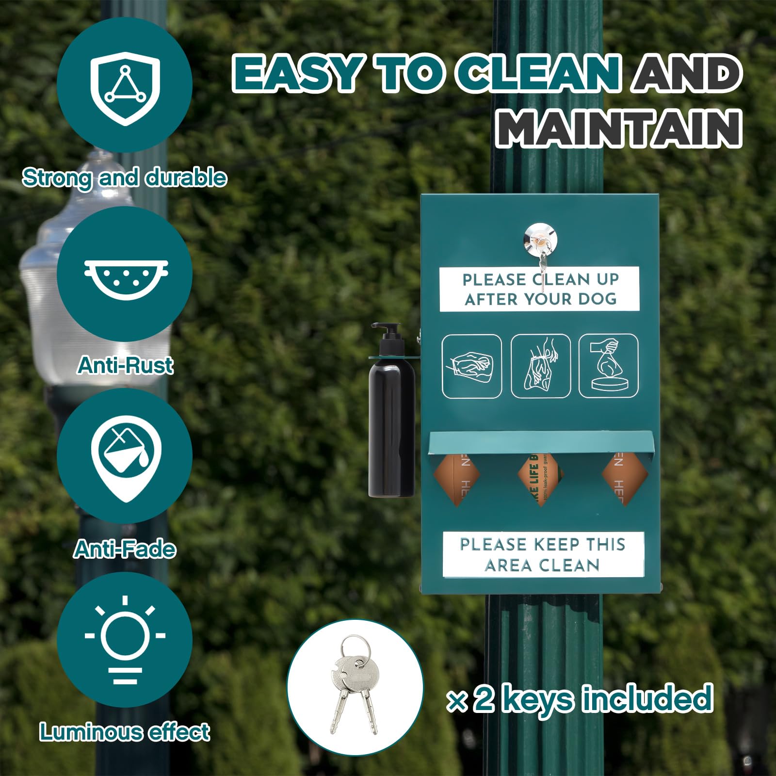 Abbylike Set di 2 dispenser per sacchetti per cani da esterno con sacchetti per cani e bottiglia disinfettante per le mani, stazione di cacca per cani verde, contenitore per rifiuti di cani da parete