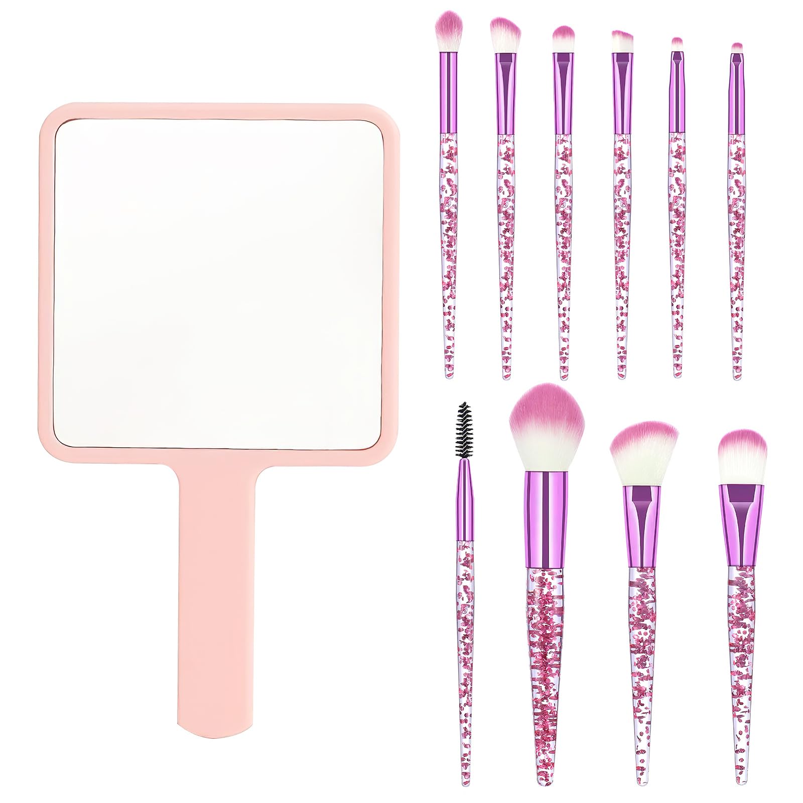APOMOONS Set Brochas Maquillaje, Set de 10 Pinceles Maquillaje con Espejo de Mano, Cristal Set de Brochas de Maquillaje, Makeup Brushes para Colorete Base Ojos Contorno Polvo Iluminador