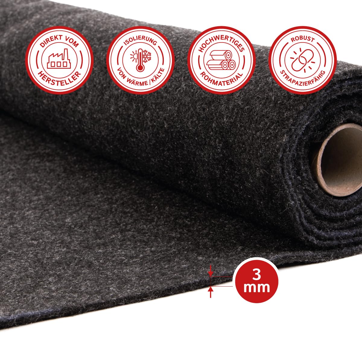 Camper Filz Meterware ohne Kleber, flexiber Nadelfilz für Camper Ausbau & Auto Innenverkleidung, 3 mm dick – Made in Germany, anthrazit, 100 cm x 200 cm