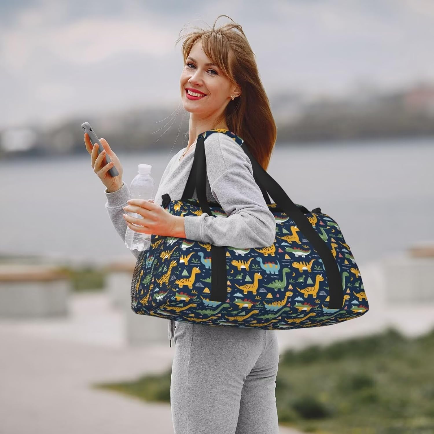 Dinosaur Gym Bag for Men Women Animal Duffle Bag for Travel Backpack Carry On Overnight Bags with Shoe Compartment Large Weekender Bag for Sports Travel Cute Cartoon Tote Bags