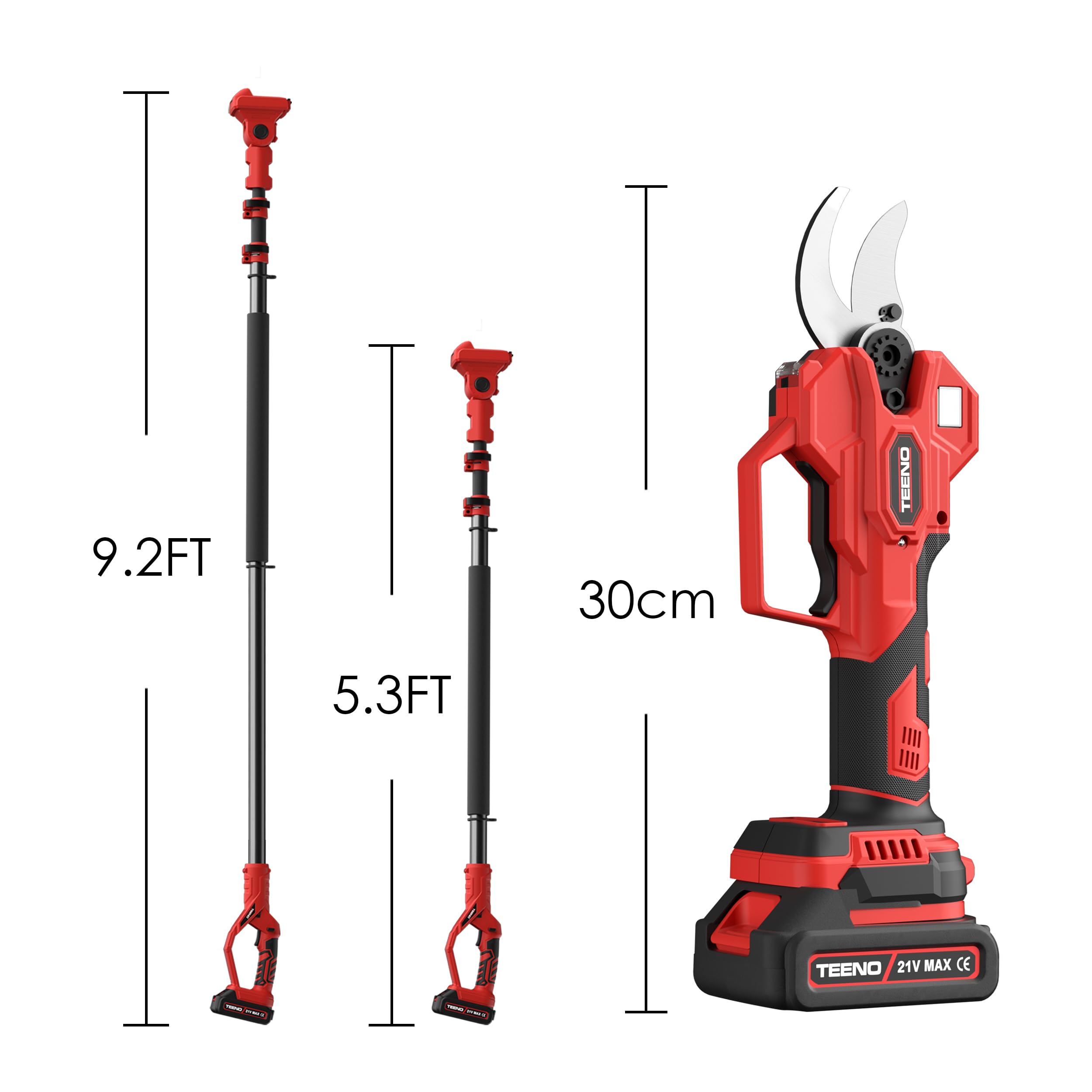 TEENO 2-en-1 Sécateur électrique avec perche télescopique, 40MM Secateur electrique sans fil 4000mAh avec Écran, 2 Batteries de 2.0Ah, our le jardinage, les arbres fruitiers