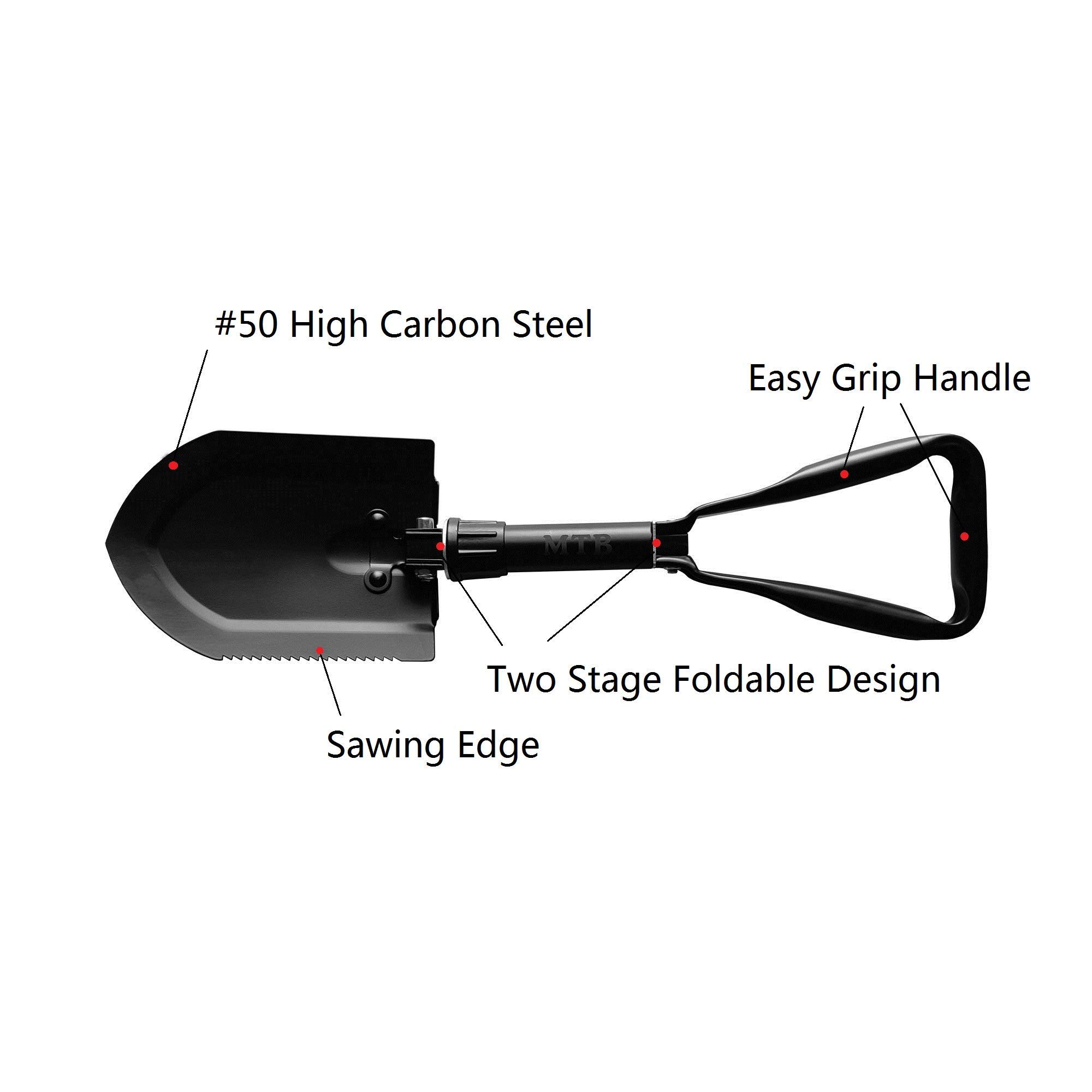 Pala militar plegable MTB para acampar, herramienta de anclaje de acero de alto carbono con borde de sierra de madera y funda de transporte táctica, 22.8 pulgadas, color negro