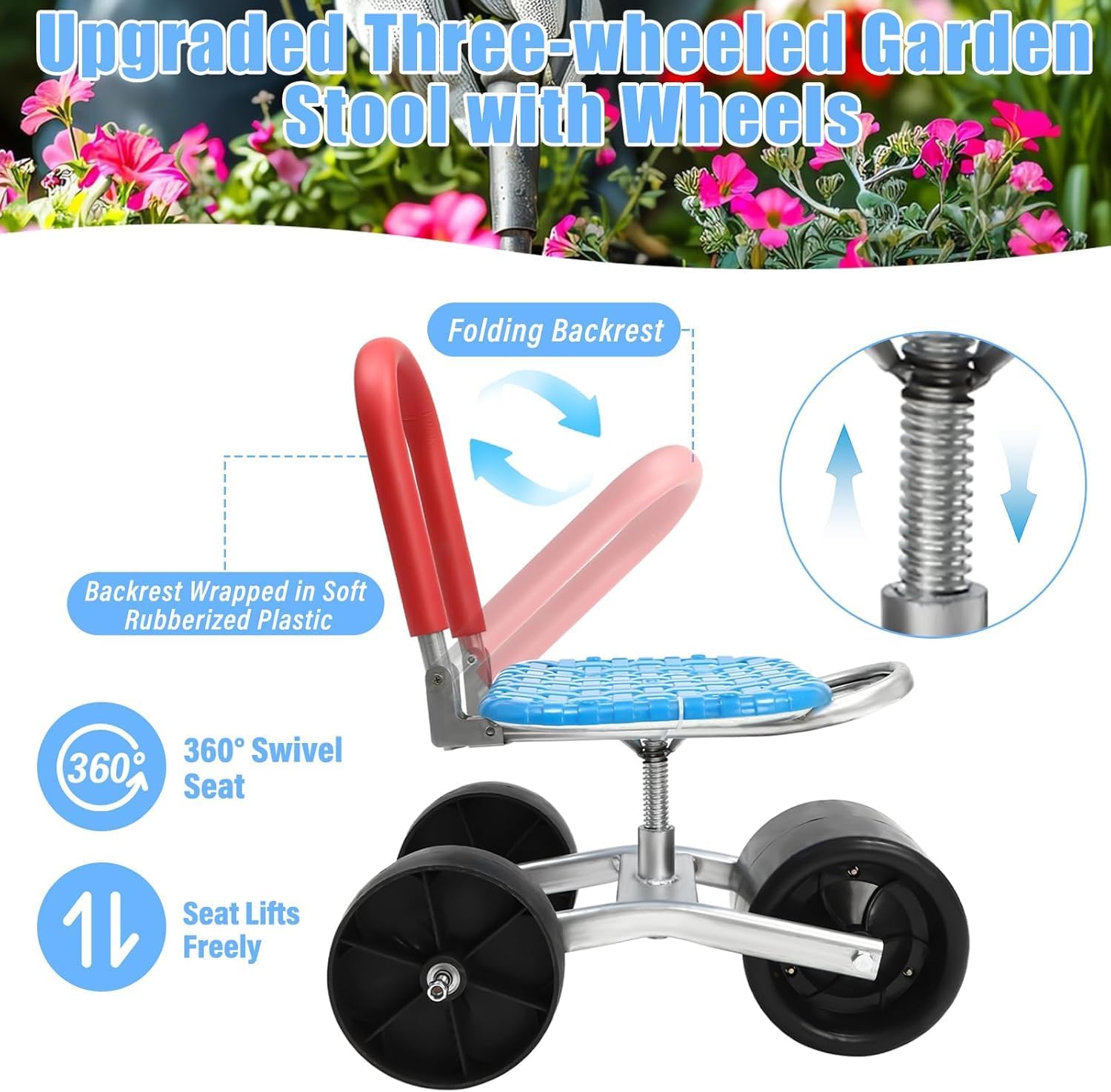 Garden Cart Rolling Stool w/Wheels, 360° Rotating Garden Seat w/Adjustable Height, Gardening Stools for Seniors Stable Workseat, Outdoor Rolling Work Seat Gardening Helper for Orchard Farmland Picking