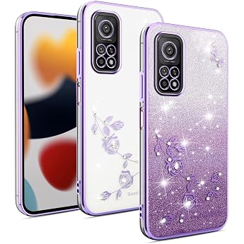 YUXING Transparent Glitter Case for Xiaomi Mi 10T 5G / Mi 10T Pro 5G Girl Woman Slim Flora Pattern Bling Mobile Phone Case TPU Brilliant Protective Case Purple