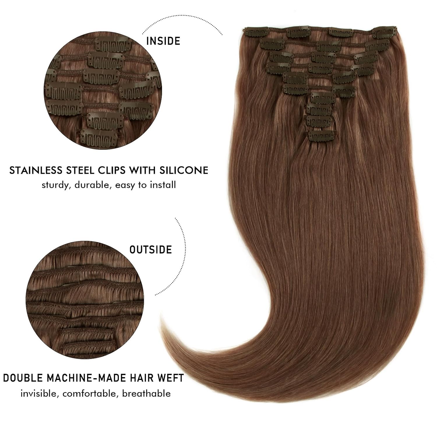 Lovrio 160g 20 inch Clip in Hair Extensions Human Hair, silky straight Big Thick Hair, Color Chocolate Brown 10 pieces 21 clips