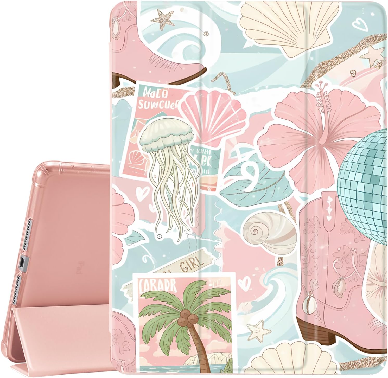 JOYLAND Beach Floral Case for iPad 9th/8th/7th Generation 10.2 inch (2021/2020/2019) with Pencil Holder,Trifold Stand Protective Cover with Soft TPU Back,Pink
