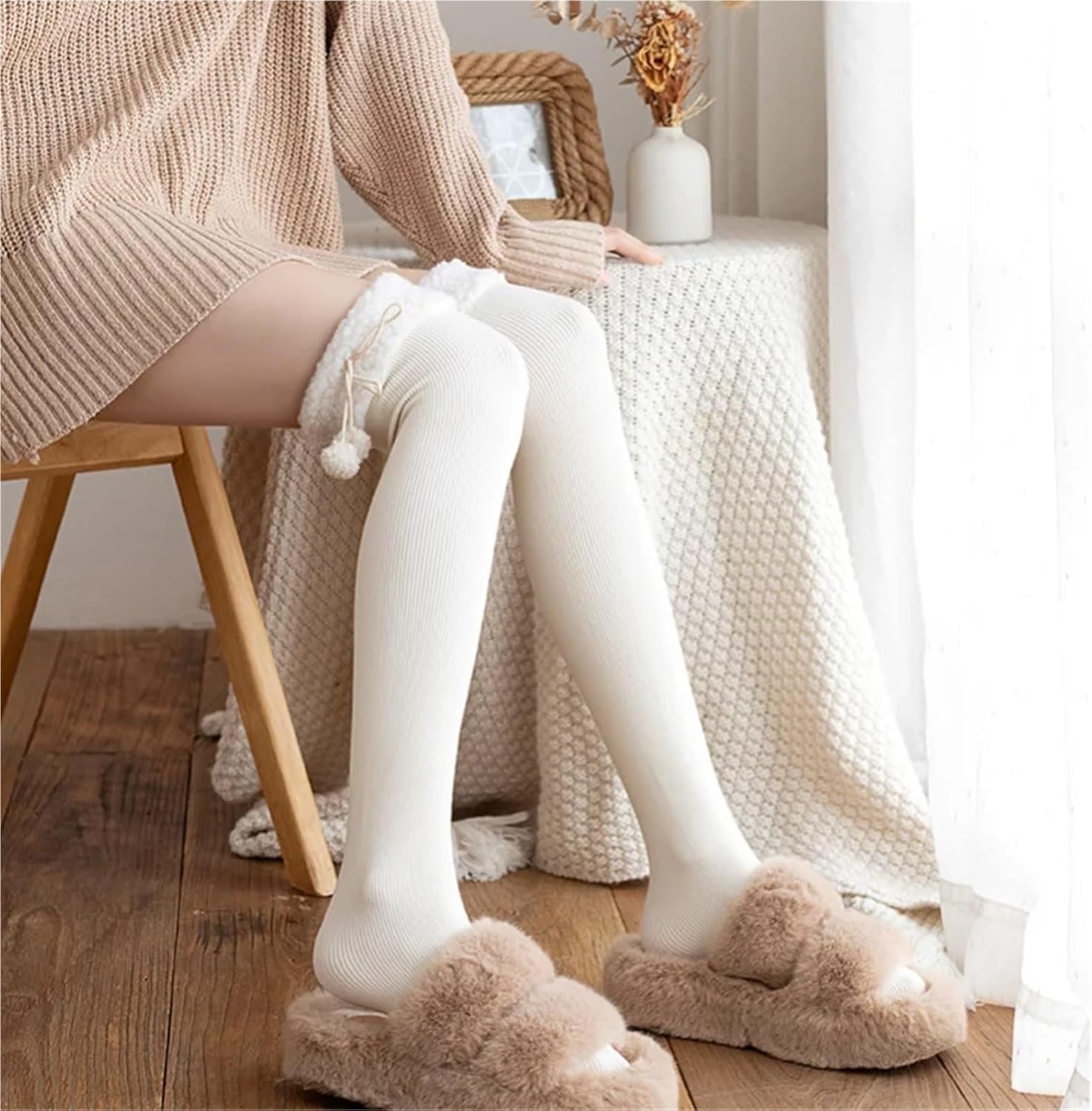 Over The Knee Socks 5 PCS Fur Wool Ball Long Knee Socks For Women Over Thigh High Stockings Autumn For Women