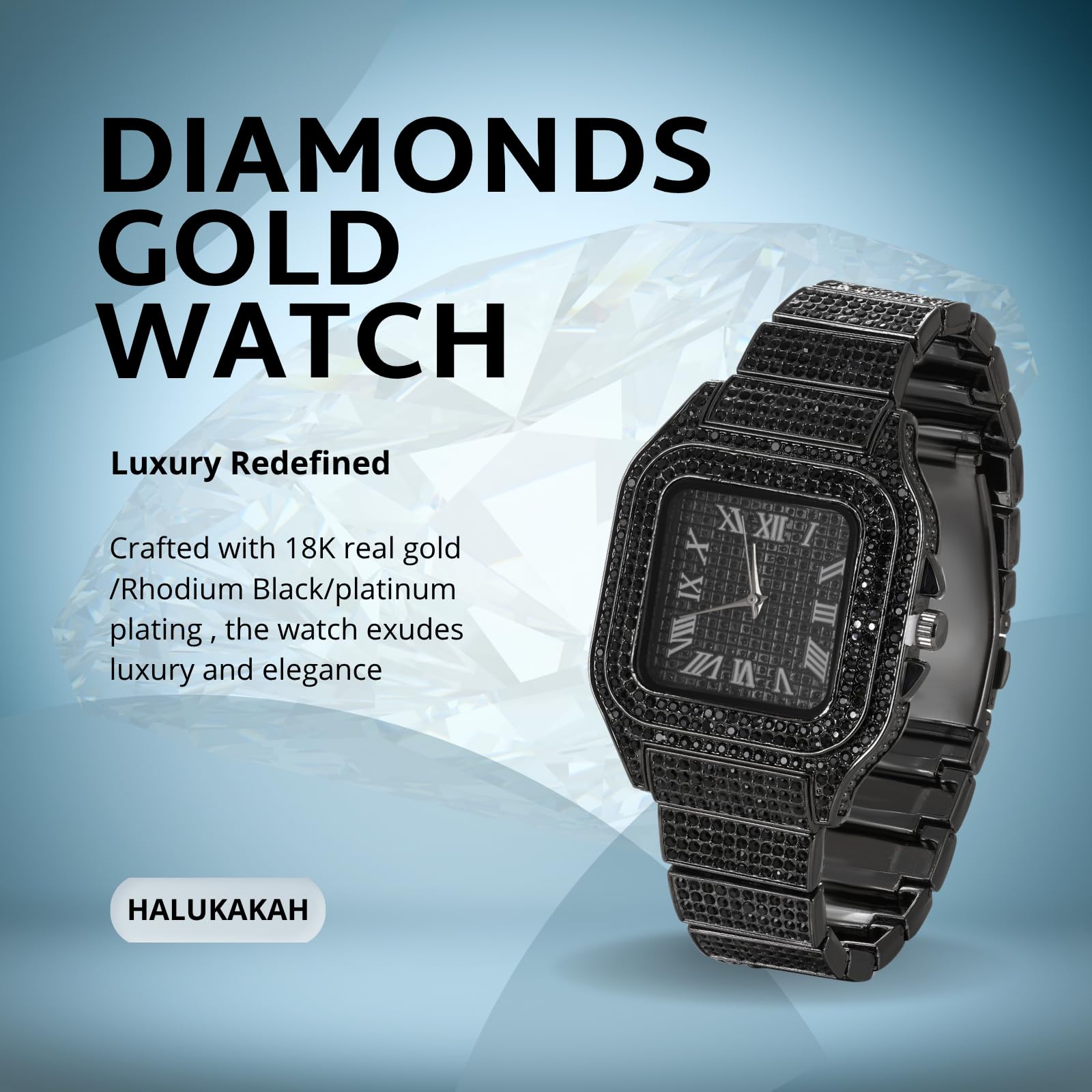 Halukakah Diamonds Watch Iced Out - Reloj para niños y adolescentes, chapado en oro real de 18 quilates, platino, rodio negro, esfera cuadrada de 40 mm, cuarzo japonés, 8 pulgadas de longitud