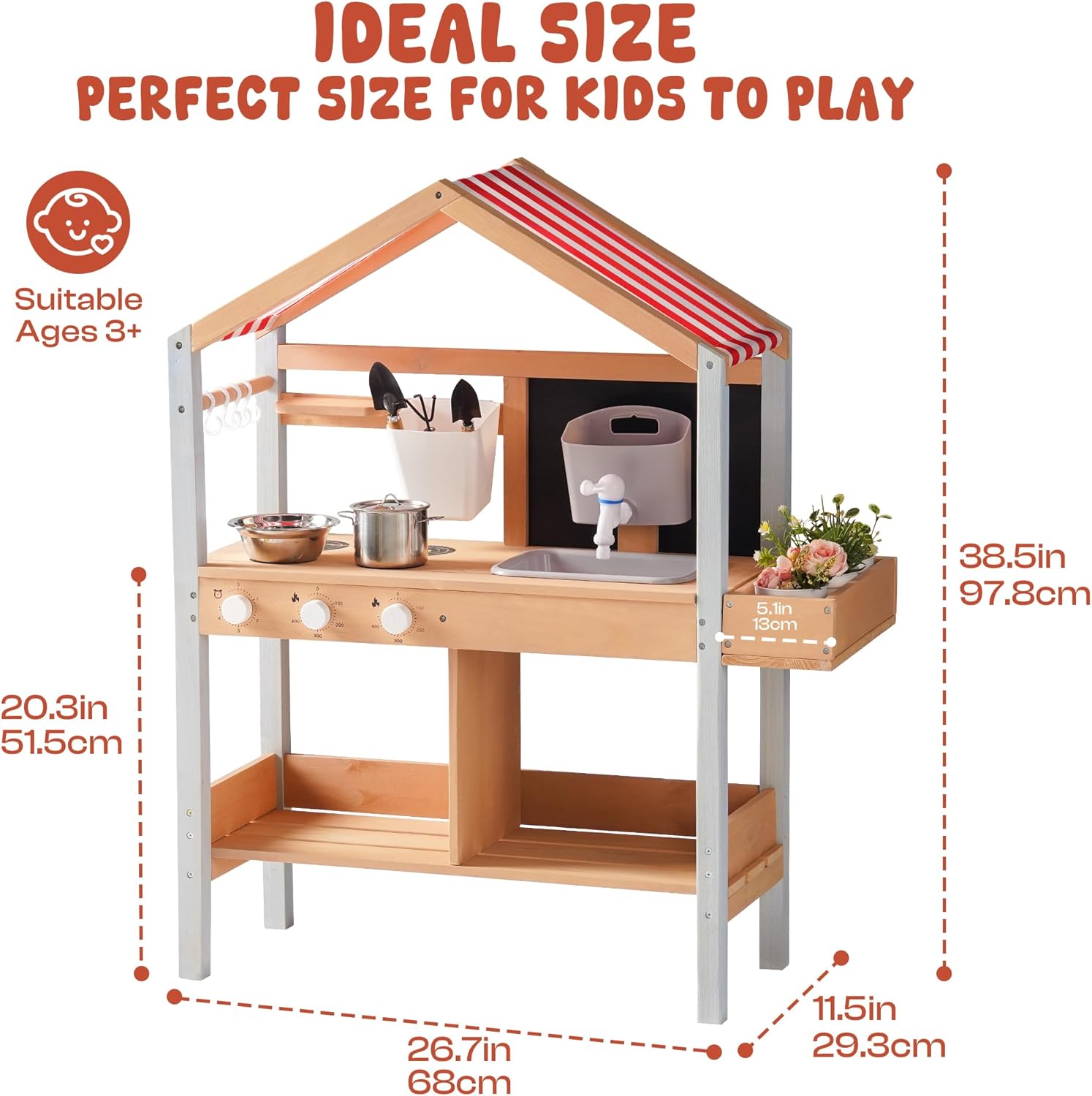 ROBUD Mud Kitchen for Kids Outdoor Wooden Playset with Stove, Sink, Chalkboard & Storage, Pretend Play Kitchen with Canopy for Outdoor Fun，Boys and Girls, Ages 3+