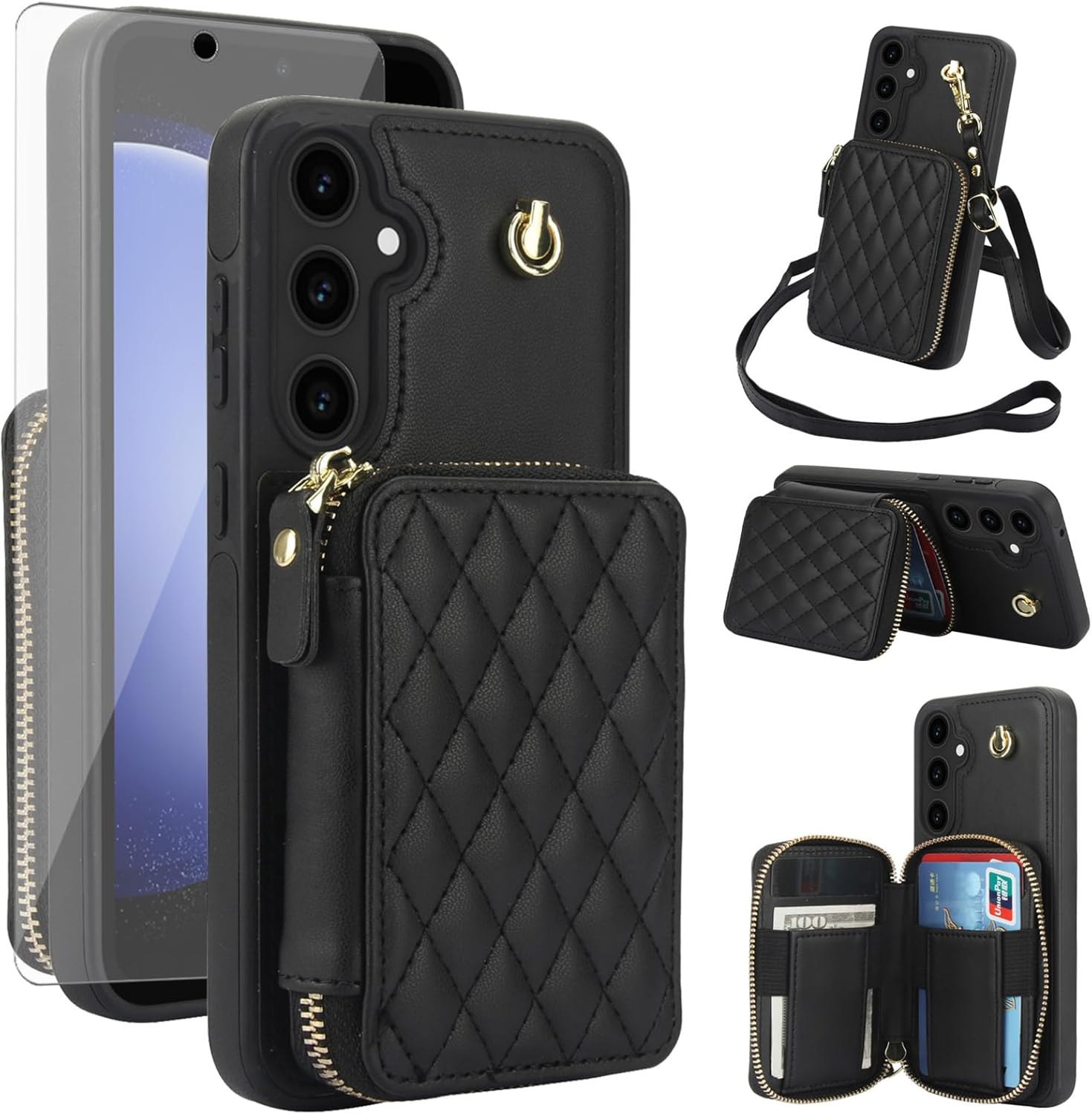 Phone Case for Samsung Galaxy S23 FE 5G Wallet Cell Cover with Tempered Glass Screen Protector Wrist Crossbody Strap Stand Lanyard RFID Blocking Credit Card Holder S 23 EF S23FE 23S Women Girls Black