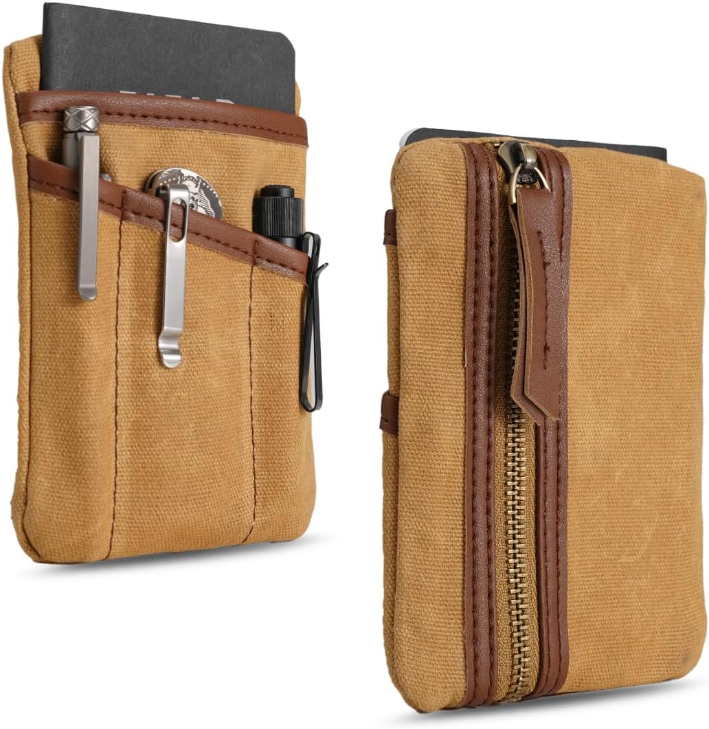SP4 Waxed Canvas Compact EDC Pocket Organizer, Zippered Pocket Pouch for Men, Mini EDC Organizer for Change, Notebook, Tactical Pen, Flashlight