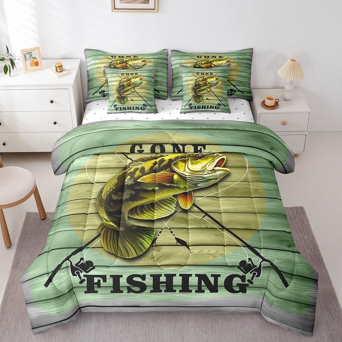 Feelyou Full Comforter Set Pike Fish 7 Pieces, All Season Bass Big Fish Bed in a Bag for Bedroom, Fishing and Hunting Rustic Wooden Bedding Set with Comforters, Sheets, Pillowcases & Shams - Image 3