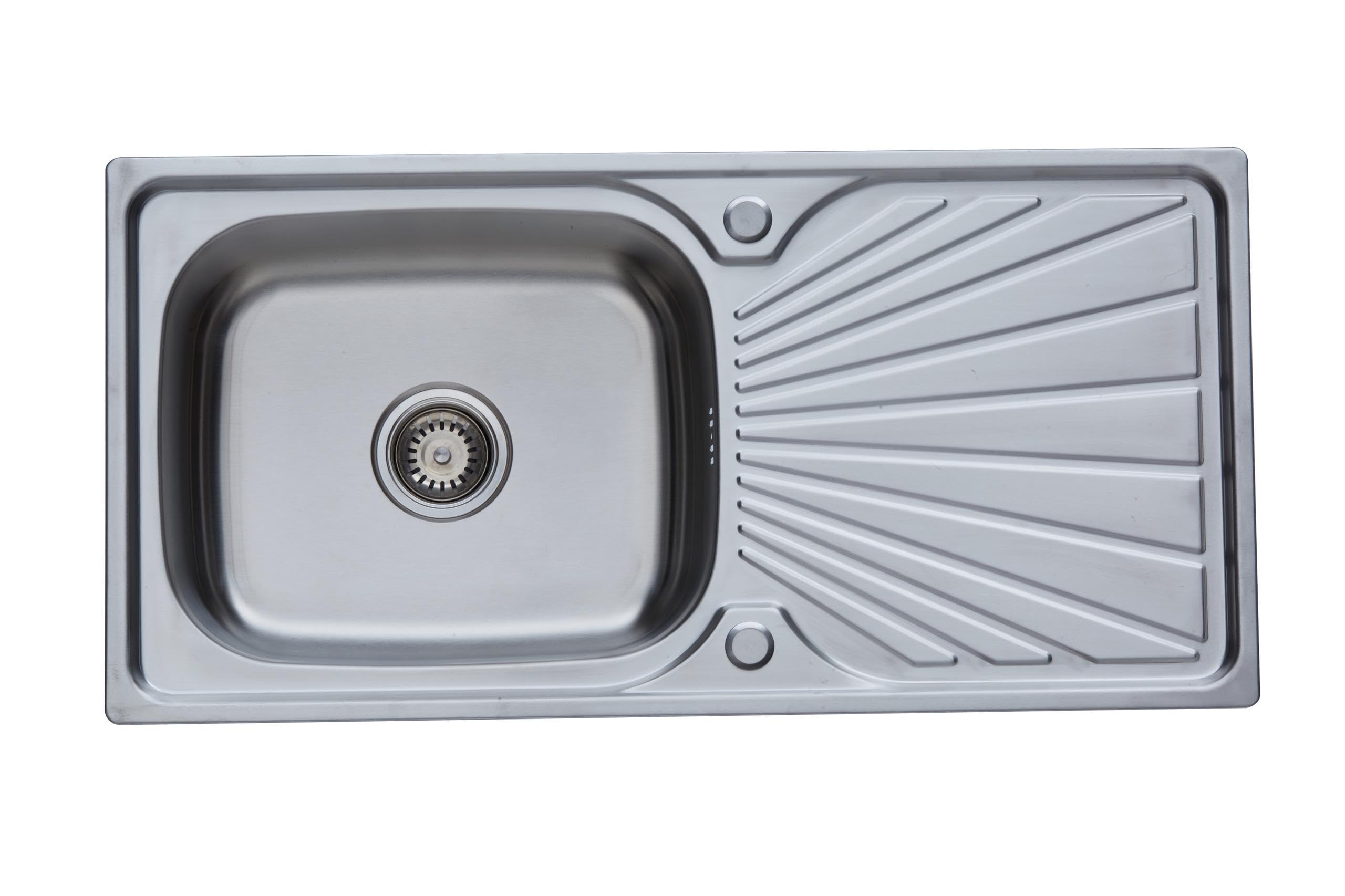 RUMO Aurora Premium Kitchen Sink 1 One Single Large Bowl Left or Right Hand Stainless Steel Sinks with Drainer 910mm x 450mm Includes Wastes Kit (Aurora Silver)