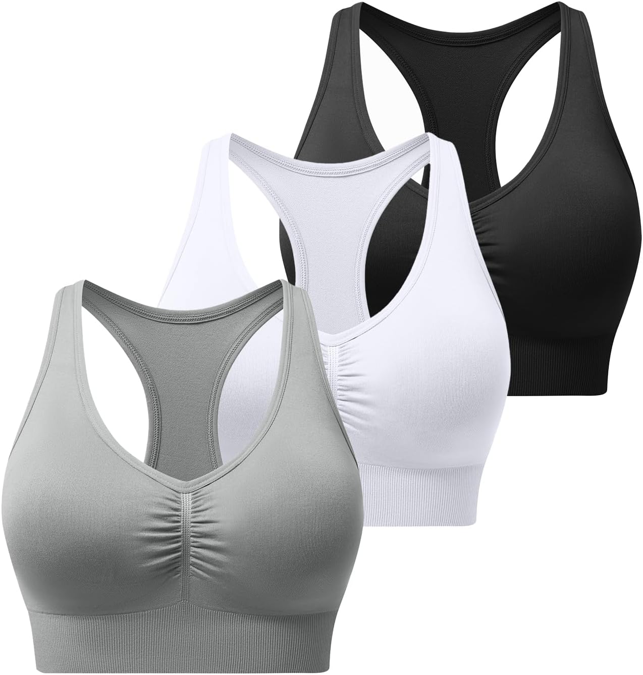 Ruched Sports Bra for Women Racerback V-Neck Workout Bras Padded Seamless Longline Yoga Bra