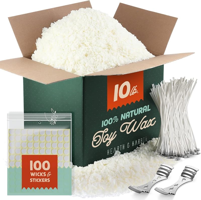 Hearth & Harbor Cera de soja para hacer velas, cera de soja natural para hacer velas, bolsa de 10 libras con suministros, 100 mechas de algodón, 100 pegatinas de mecha, 2 dispositivos de centrado, copos de cera de soja de 10 libras