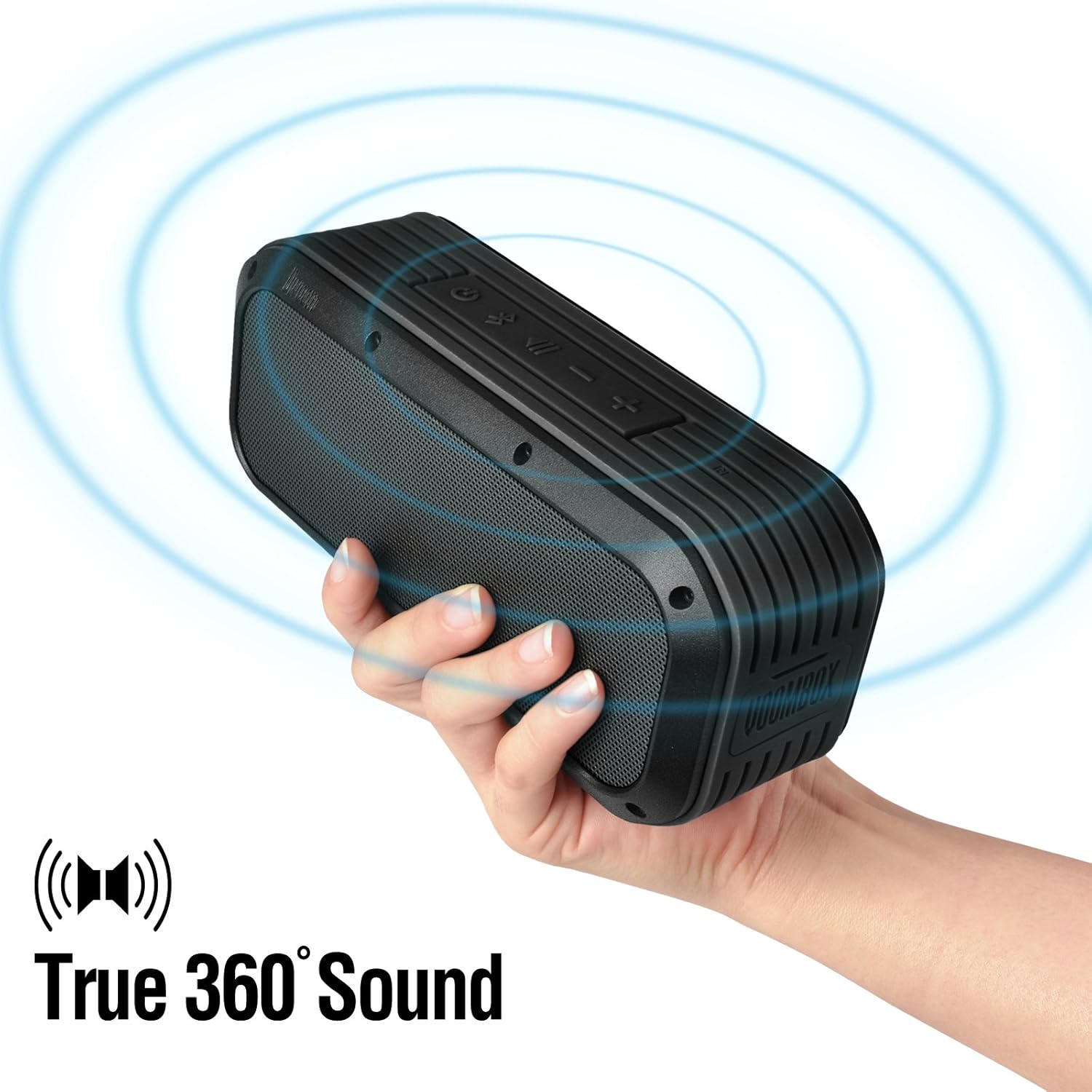 Hand holding Divoom Voombox Outdoor Speaker with blue sound waves indicating 360-degree sound