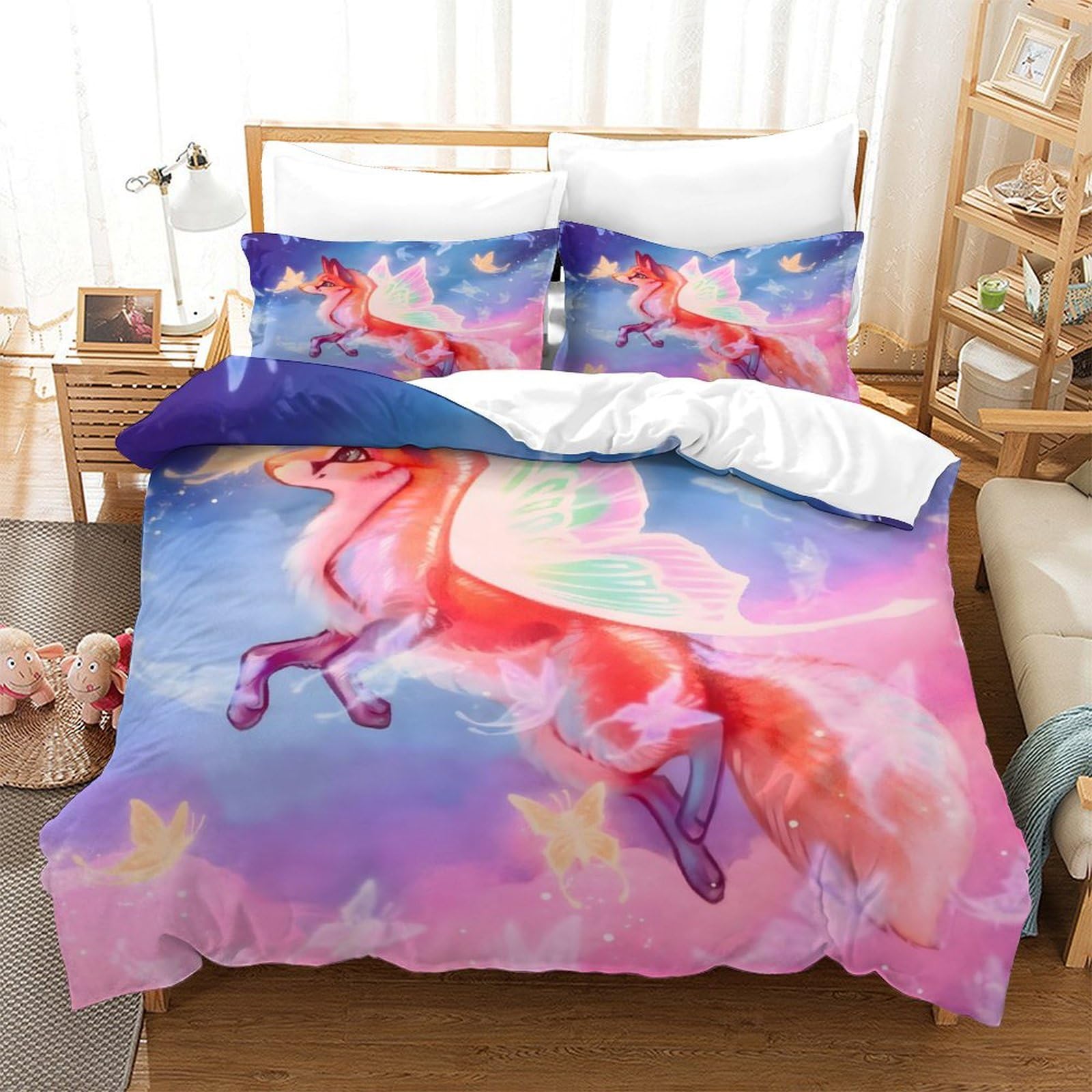 Housse de couette renard anti-glissement avec double fermeture éclair pour lit 200x200 cm