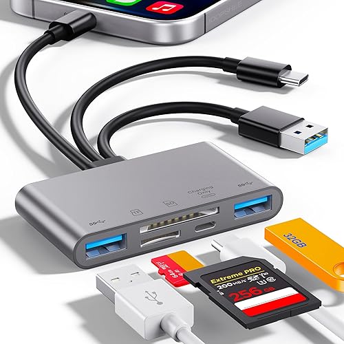 Miniatura 9 de Lector de tarjetas de memoria 5 en 1, adaptador USB OTG y lector de tarjetas SD para i-Phone/i-Pad, dispositivos USB C y USB A con ranuras para