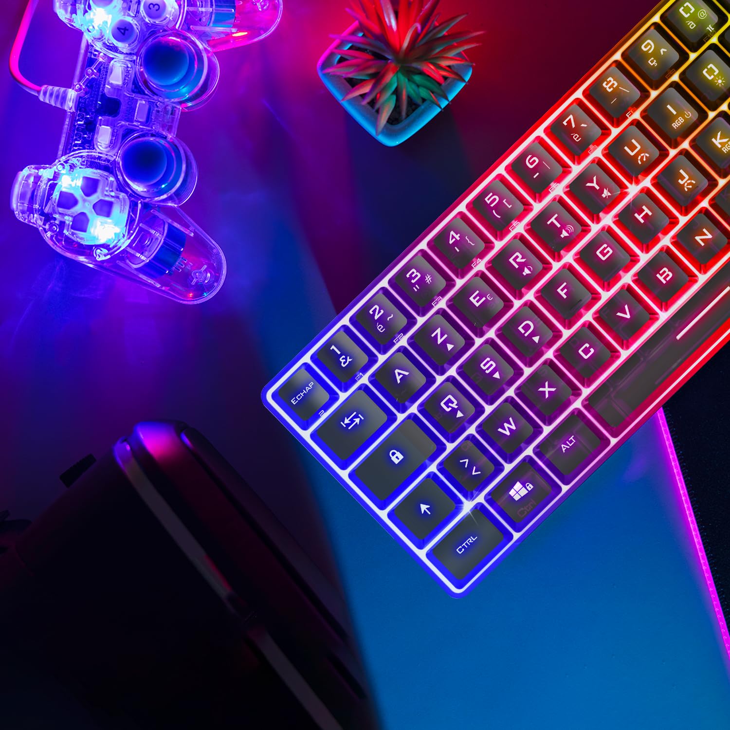 Spirit Of Gamer - Pro K2, Clavier Gamer Filaire Semi-Mecanique, Format Compact TKL 60%, 62 Touches Dont 24 Anti-Ghosting, Rétro-éclairage RGB Arc-en-Ciel, Hauteur réglable, Noir