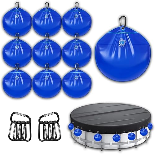 Pool Cover Weights with Hooks, Heavy Duty Thick PVC Leakproof Hanging Water Bags for Above Ground Swimming Pool, Antifreezing Winter Tarp Weights for Pool Closing Kit (10)