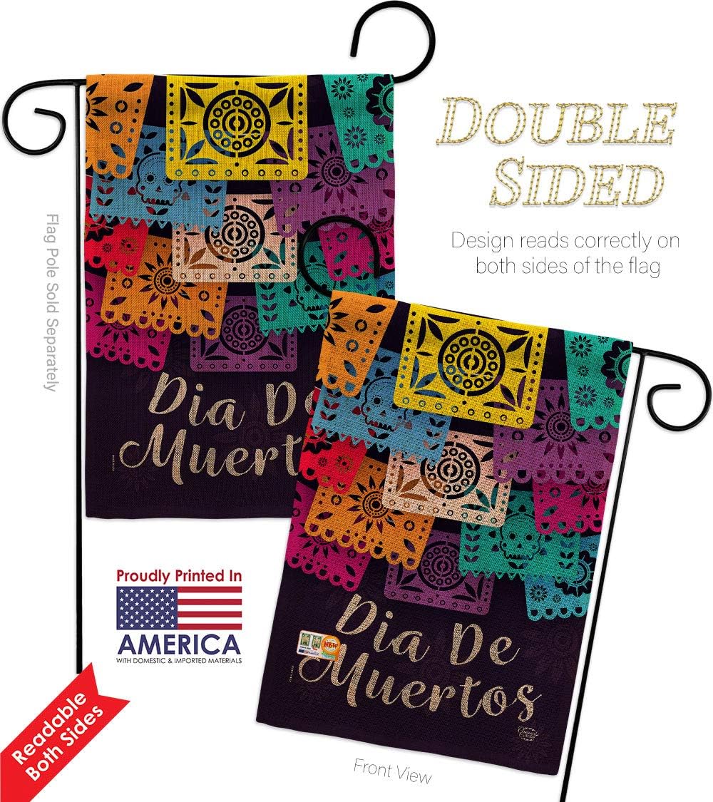 Dia De Muertos Burlap Burlap Garden Flag Set Wood Dowel Falltime Day of Dead Los Fiesta Mexican Party Autumntime Small Decorative Gift Yard House Banner Double-Sided Made In USA 13 X 18.5