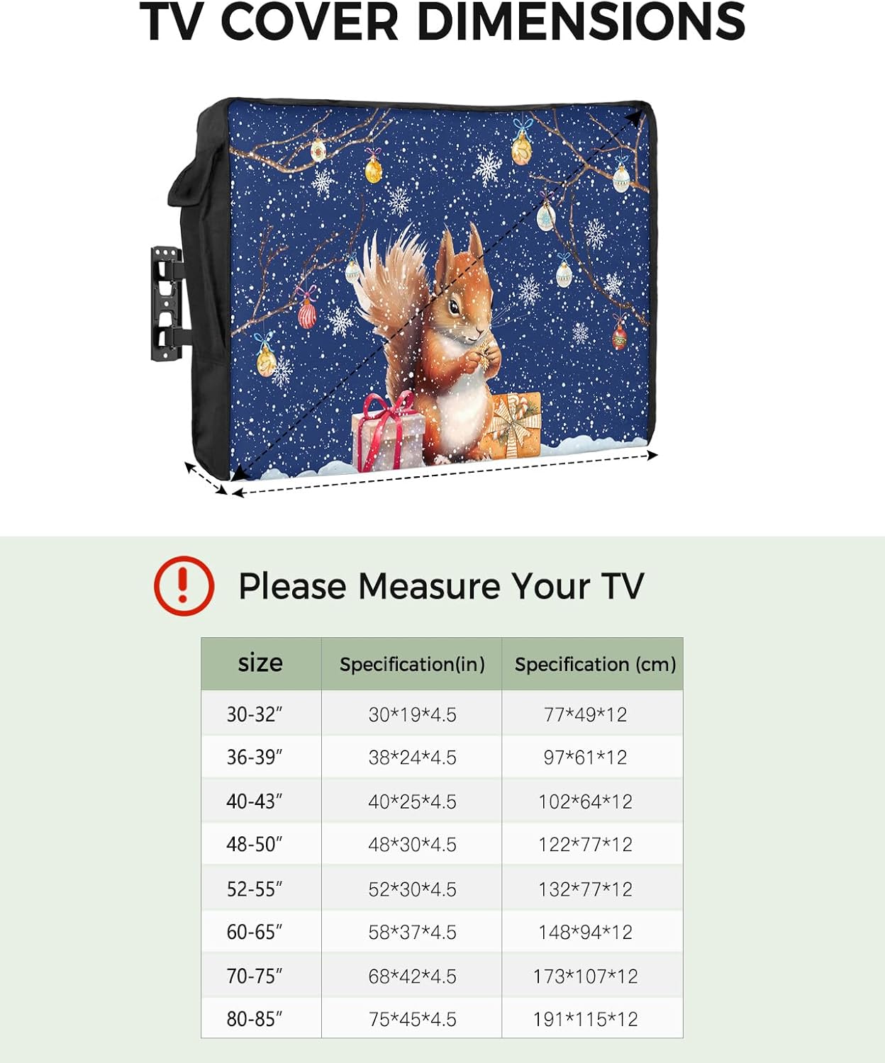 Outdoor TV Cover - Christmas Watercolor Squirrel with Xmas Gifts Blue Waterproof and Weatherproof 36"-39" LCD Movable Shield TV Display Screen Protector Outside Television Covers
