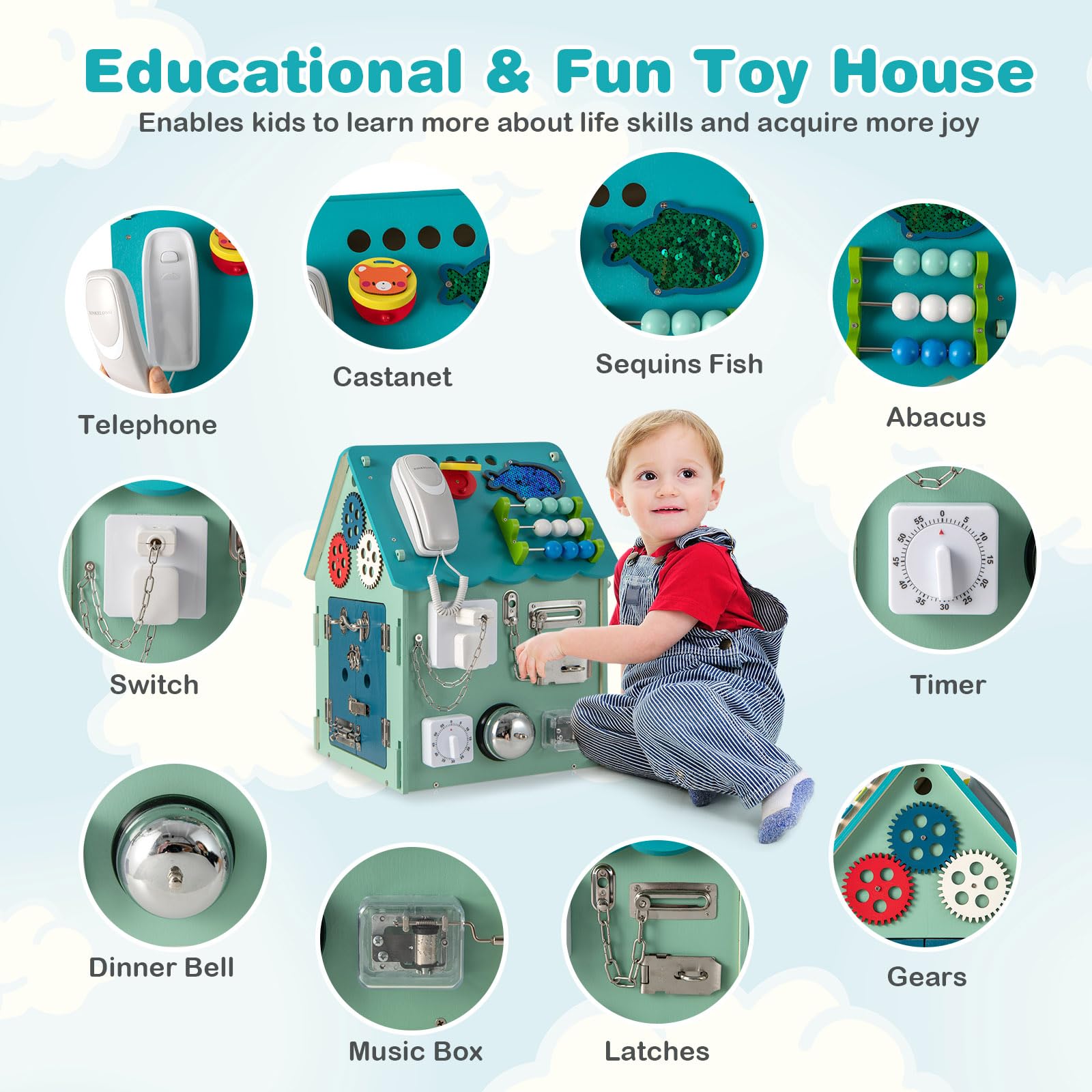 RELAX4LIFE Giochi Montessori Busy House in Legno, Casetta di attività Occupato Montessori per Bambini, Giocattolo Sensoriale e Educativo per 1/2/3/4/5 Anni(Blu)