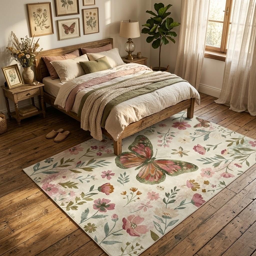 5X7 Area Rugs for Living Room, Machine Washable Non Slip Butterfly Floral Spring Rugs, Low Pile Lightweight Pink Rug for Kids Room,Bedroom, Dining Room