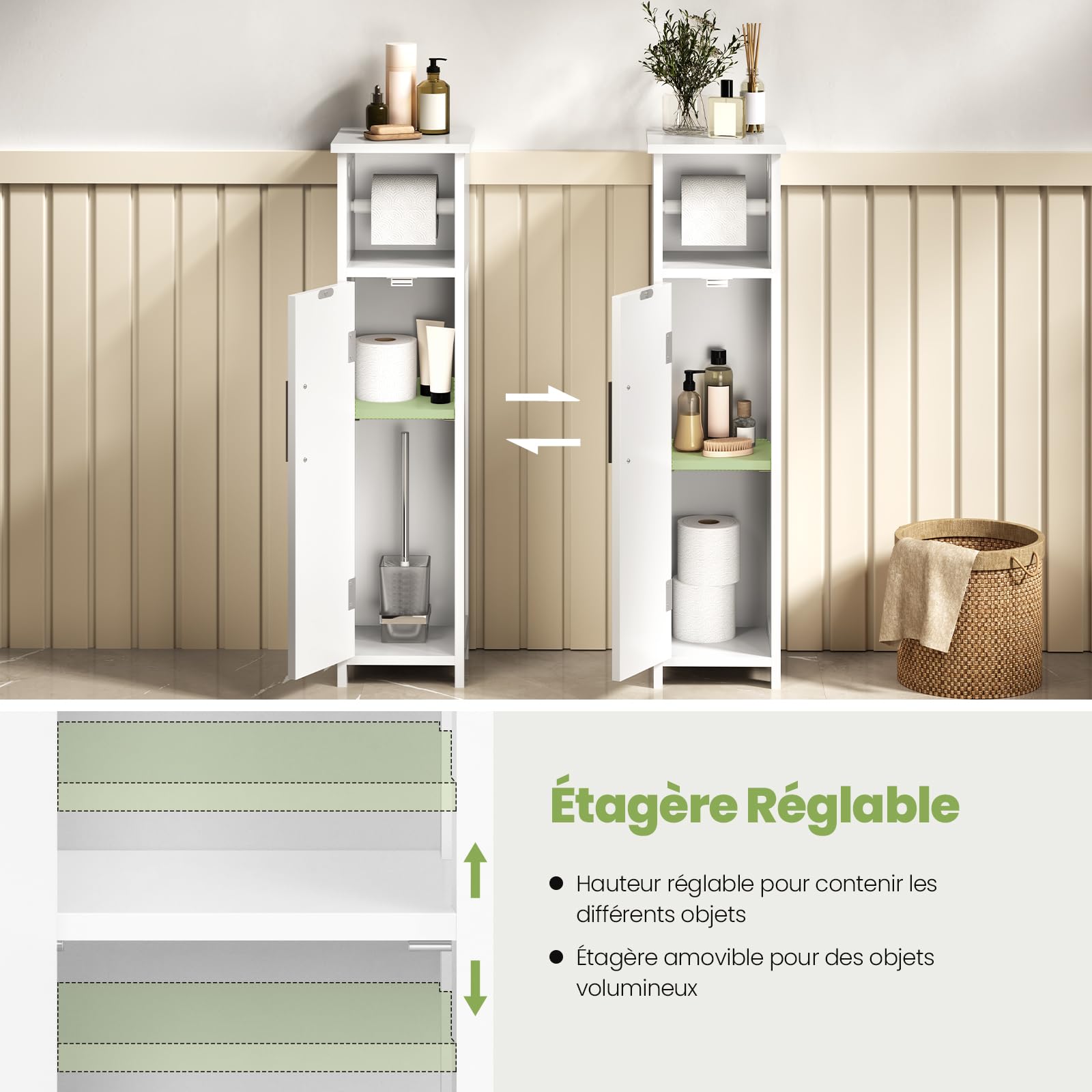 EUGAD Meuble de Salle de Bain, Petit Meuble de Rangement de Salle de Bains, Armoire Étroit pour Papier Toilette, Gain de Place, pour Petits Espaces, 18 × 18 × 71 cm, Blanc 0229WY