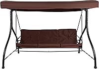 Vista 6 de BizChair Hamaca de toldo de columpio de patio de conversión de acero al aire libre de 3 asientos con cojines/cama de columpio al aire libre (marrón)