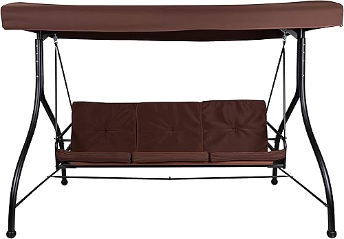 Miniatura 6 de BizChair Hamaca de toldo de columpio de patio de conversión de acero al aire libre de 3 asientos con cojinescama de columpio al aire libre (marrón)