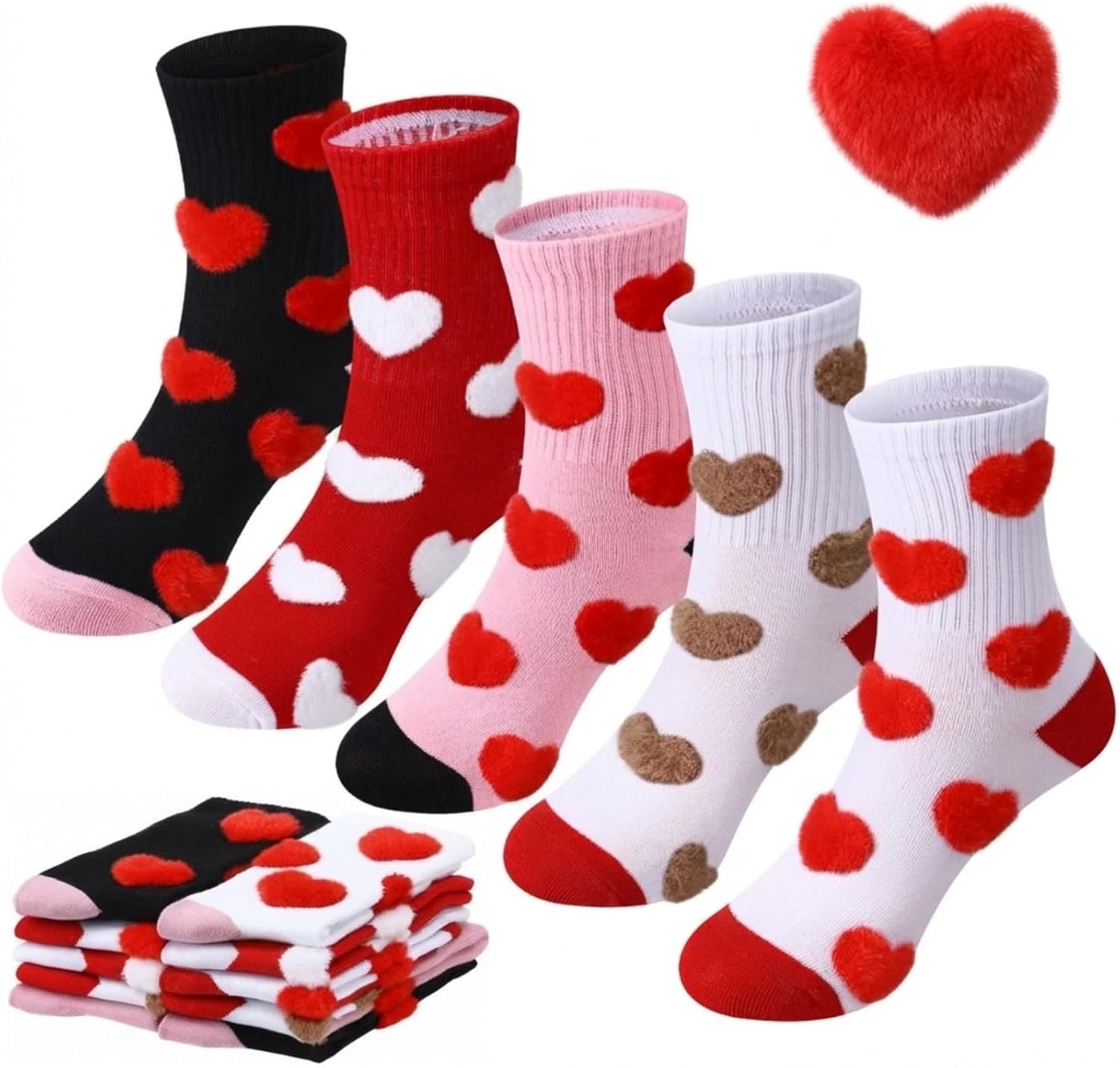 5 Pairs Valentine's Day Heart Socks Galentines Day Gifts for Women Pink White Red Black Crew Athletic Socks 3D Heart - Image 2
