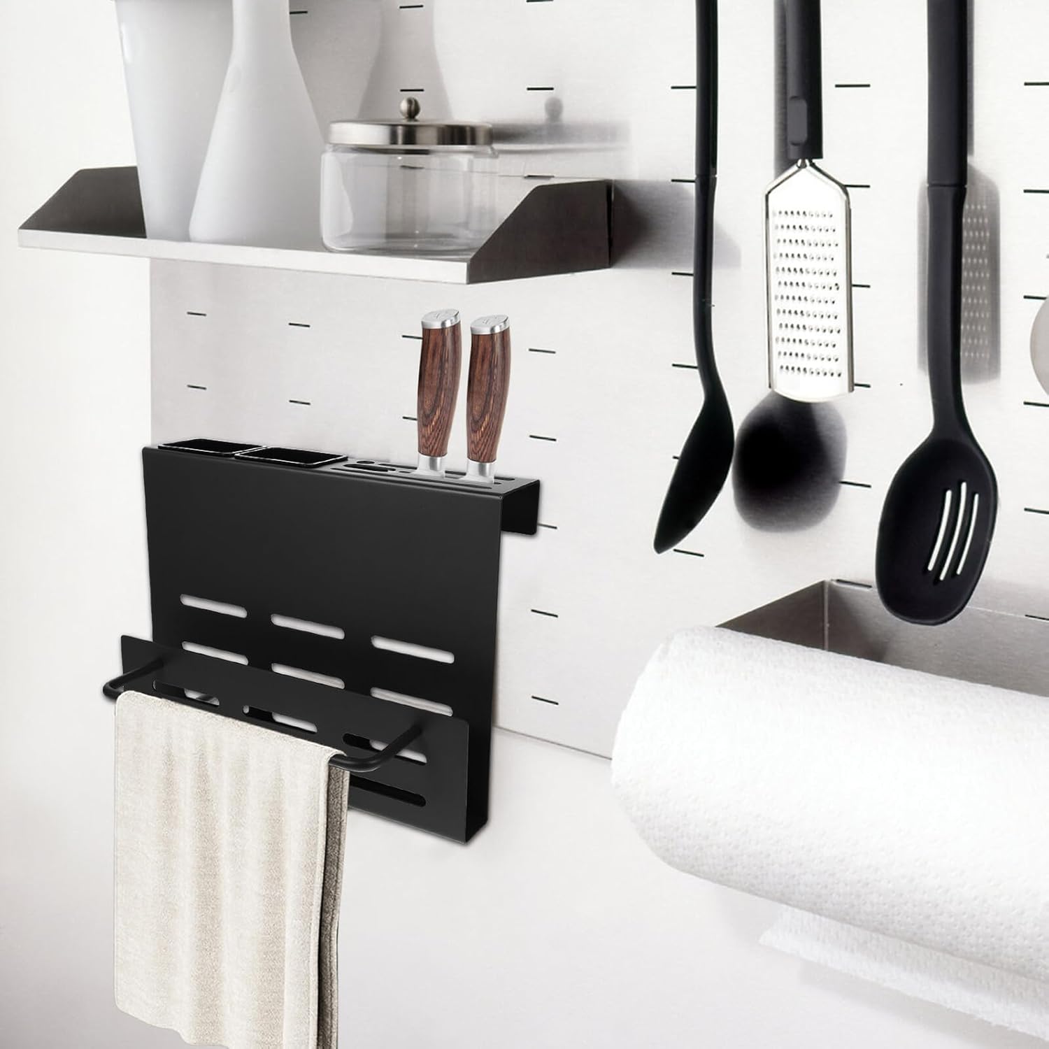 Multi-function Kitchen Wall Mount Knife Rack and Cutting Board Holder with Double Cup Chopstick Container Black Compact Organizer for Kitchen Storage and Utensil Organization