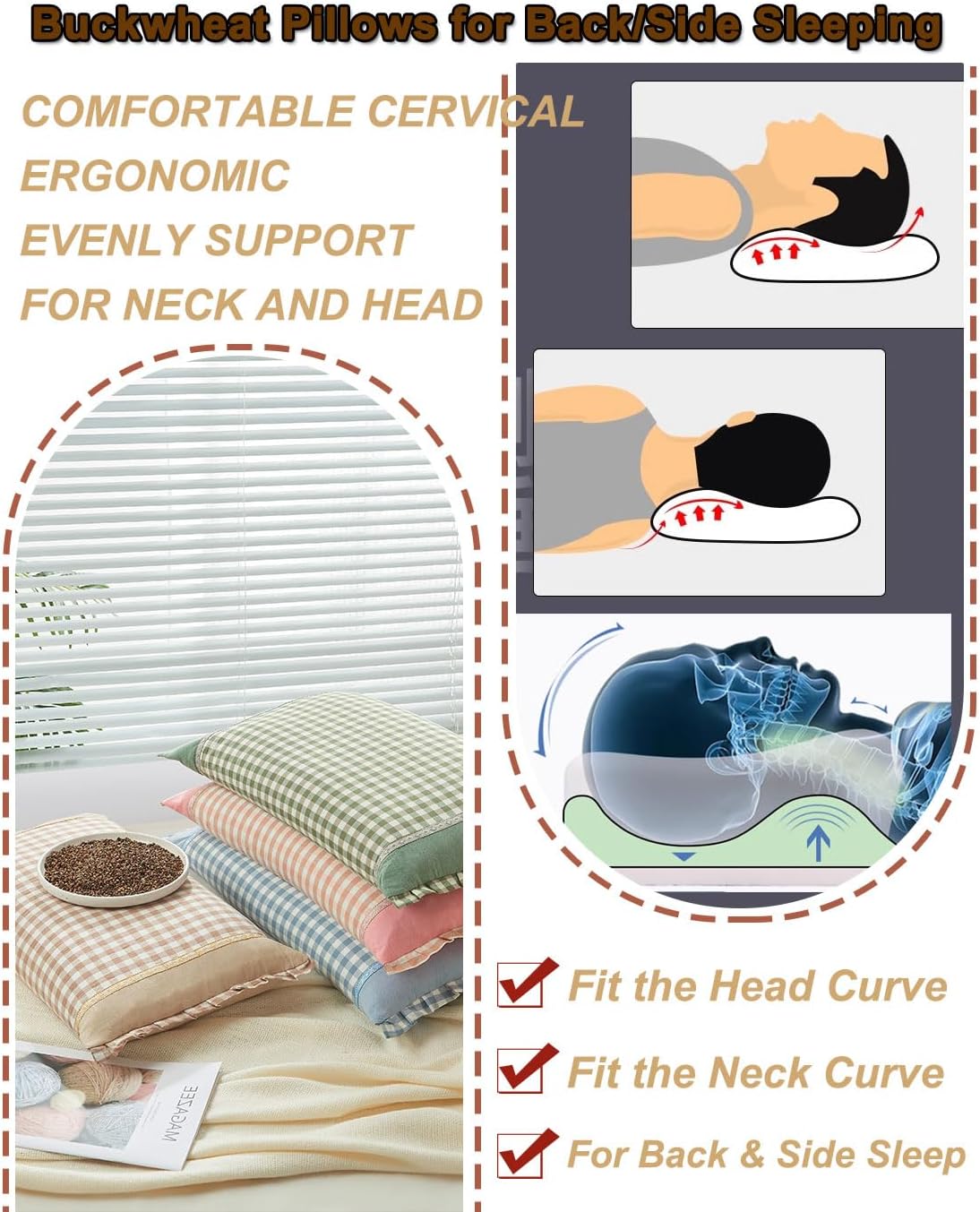 Buckwheat Hull Pillow for Sleeping, Rectangle Buckwheat Neck Pillow, Cooling Support Customizable Height with Removable Cover, Firm Comfort for Spinal Alignment, 23 * 13 Inch (Blue) - Image 5