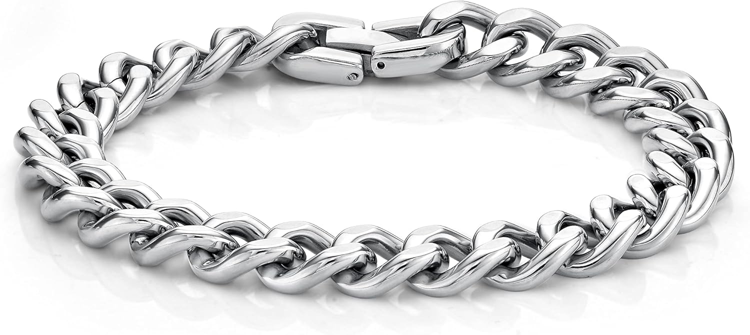 Metro Jewelry Stainless Steel Curb Chain Bracelet for Men with Black or Yellow Gold Ion Plating - 8 to 10 Inches Long 11 MM Wide with Fold Over Clasp