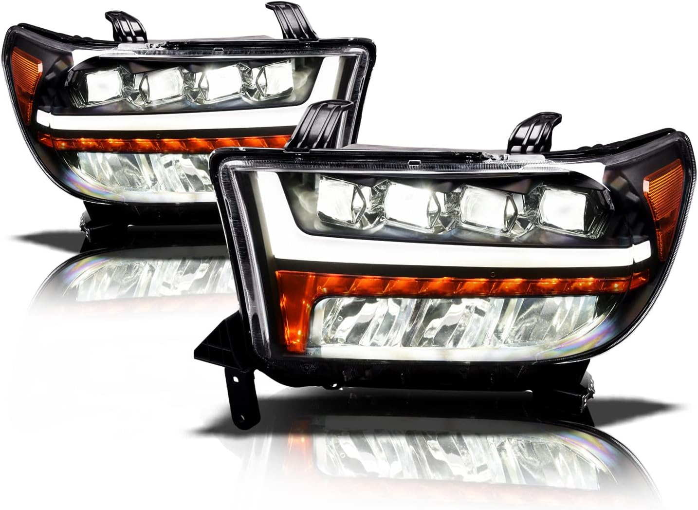 Alpha Owls 7180116 Quad-Pro Series Full LED Projector Headlights with White LED Light Bar & Sequential Signal - Black Amber Fits 2007-2013 Toyota Tundra / 2008-2017 Sequoia Halogen Models LED Quad Projector LED Sequential - Black
