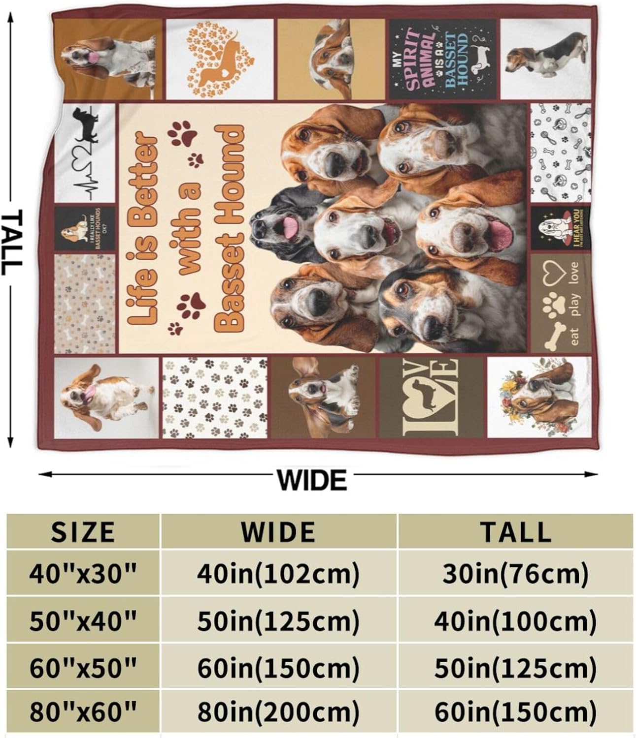 Cute Basset Hound Throw Blanket Blanket Funny Dog Basset Hounds Throw Blankets Soft Cozy Warm Fuzzy Fleece Flannel Pets Animal Throws Stuff Gifts for Girls Boys Men Women Bed Couch Decor 60"x50"