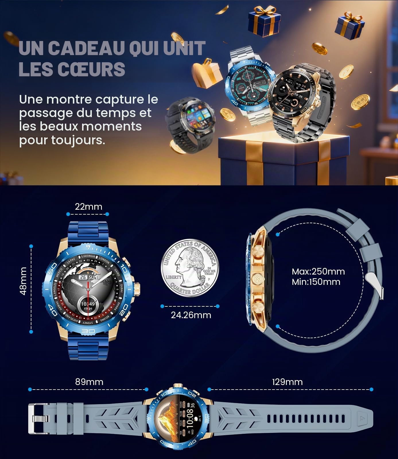 Montre Connectée Homme avec Poche/800mAh, 1,43" AMOLED Écran Luxe Smartwatch avec Appel Bluetooth, 200+ Sportmodi, IP68 Étanche, Fréquence Cardiaque, Moniteur de Sommeil pour iOS Android