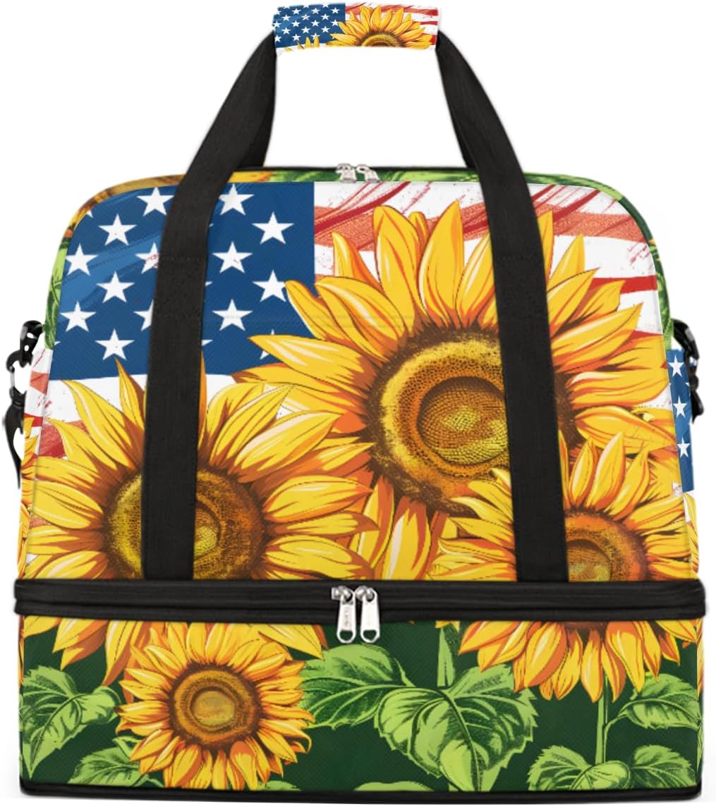 American Flag Sunflower Large Travel Duffel Bag for Women Men Gym Bag Weekender Overnight Bags With Shoe Compartment Foldie Travel Tote Bag Carry On Personal Item Bag for Travel Gym Sports